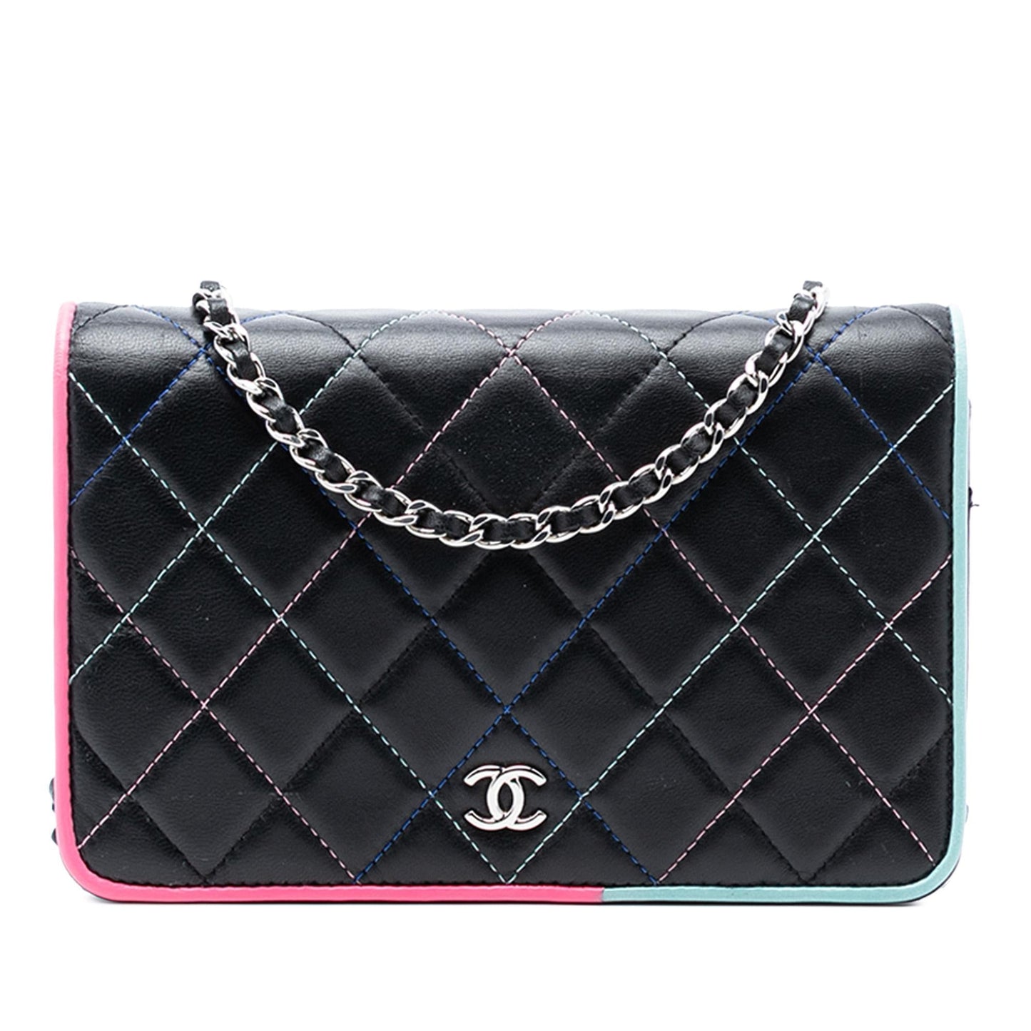 Chanel CC Quilted Lambskin Multicolor Border Full Flap Wallet on Chain