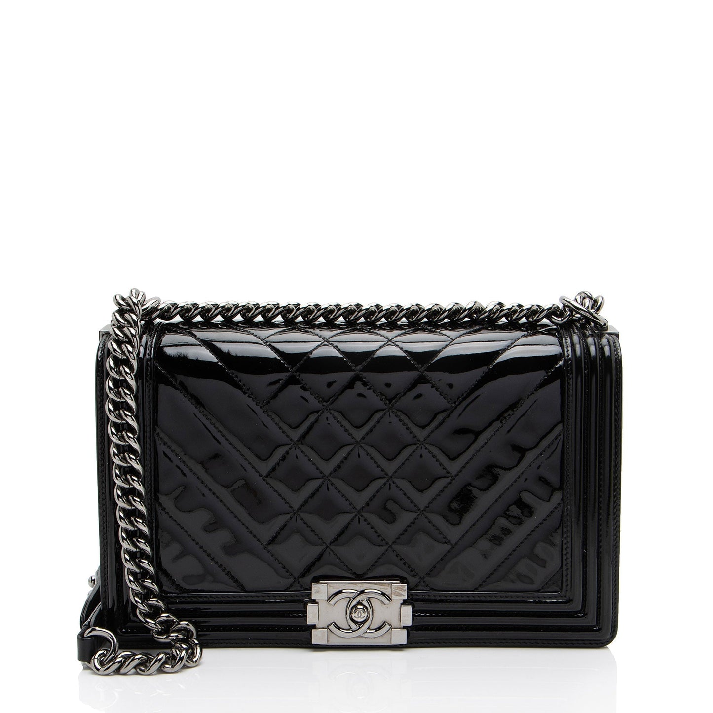 Chanel Chevron Patent Leather New Medium Boy Bag (SHF-NB6JRi)
