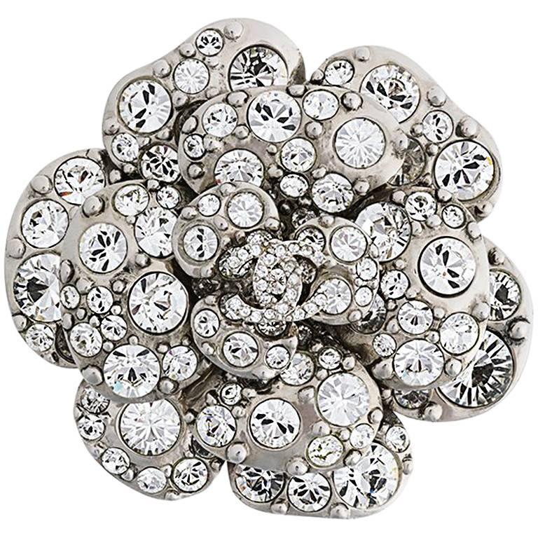 CHANEL Swarovski Crystal Camellia CC Brooch Silver