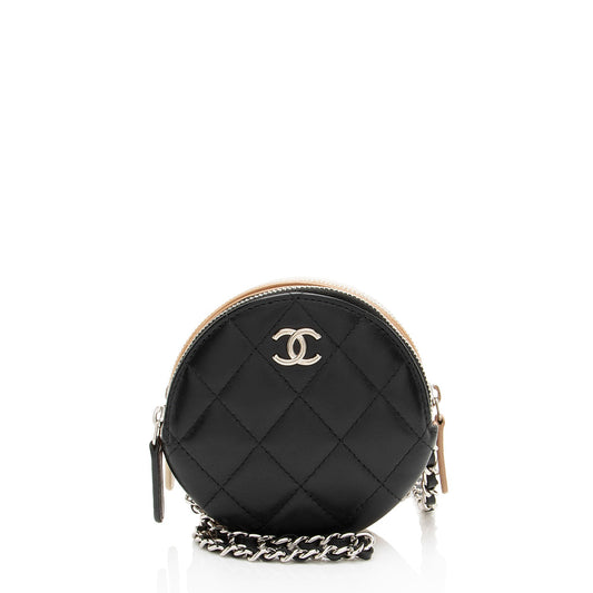 Chanel Lambskin Triple Zip Round Clutch with Chain