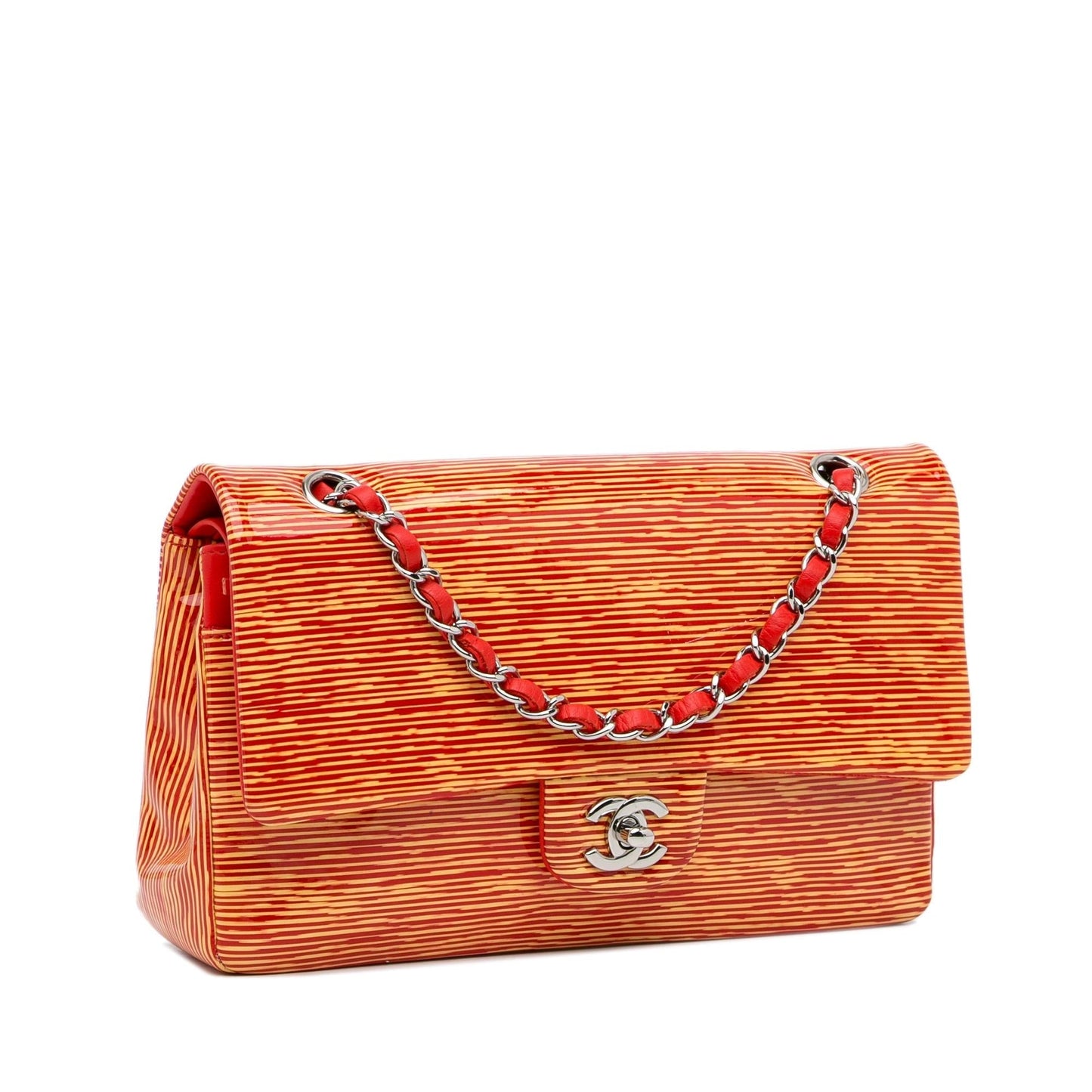 Chanel Medium Classic Striped Patent Double Flap (SHG-9oaXcP)