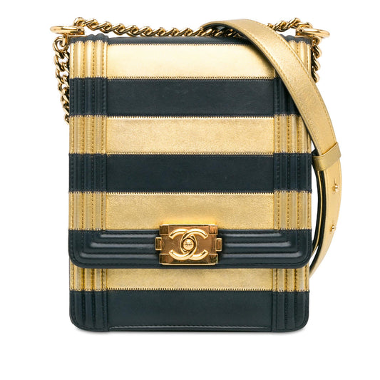 Chanel Metallic Lambskin Striped North South Boy Flap (SHG-gdf9Ua) Crossbody