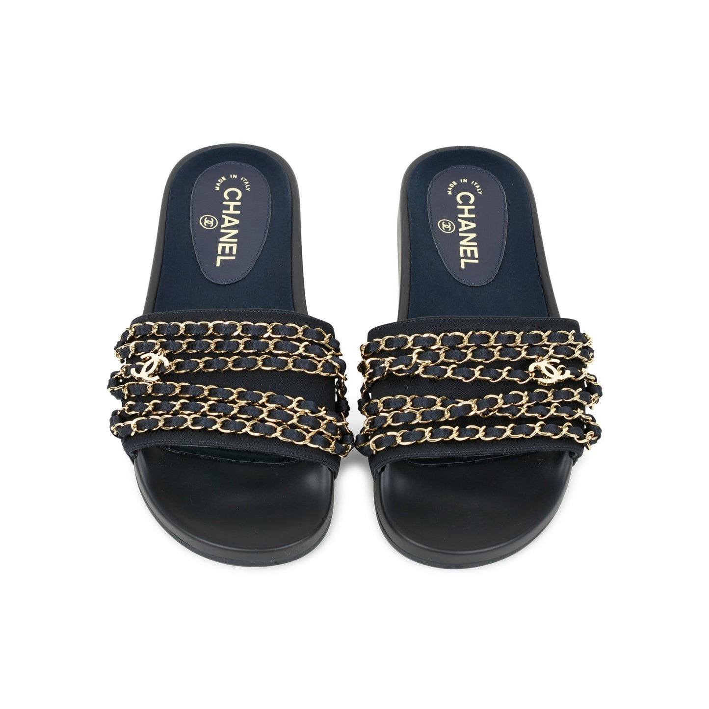 CHANEL TROPICONIC ICONIC GOLD LOGO CHAIN POOL SLIDES