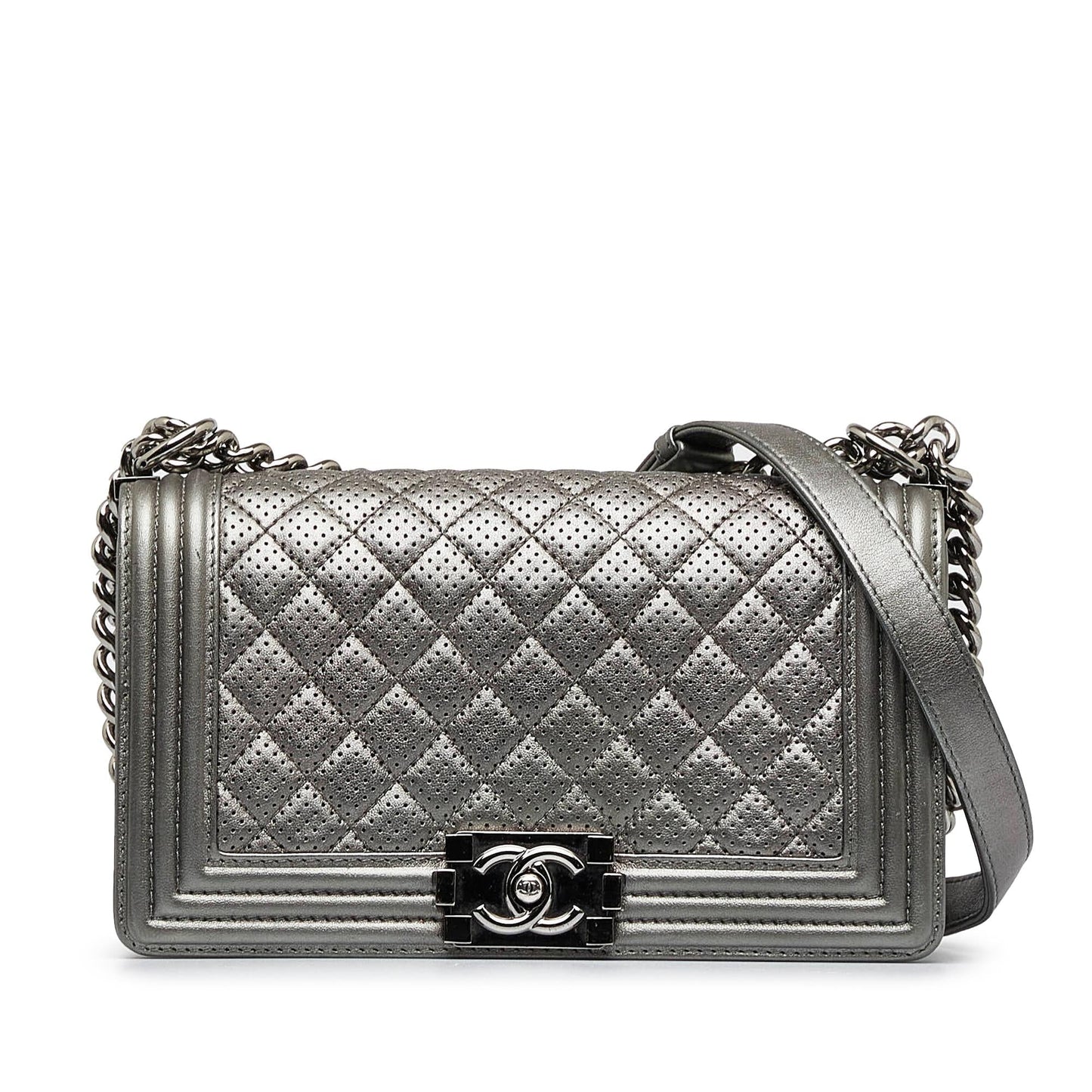 Chanel Old Medium Quilted Perforated Metallic Lambskin Boy Flap