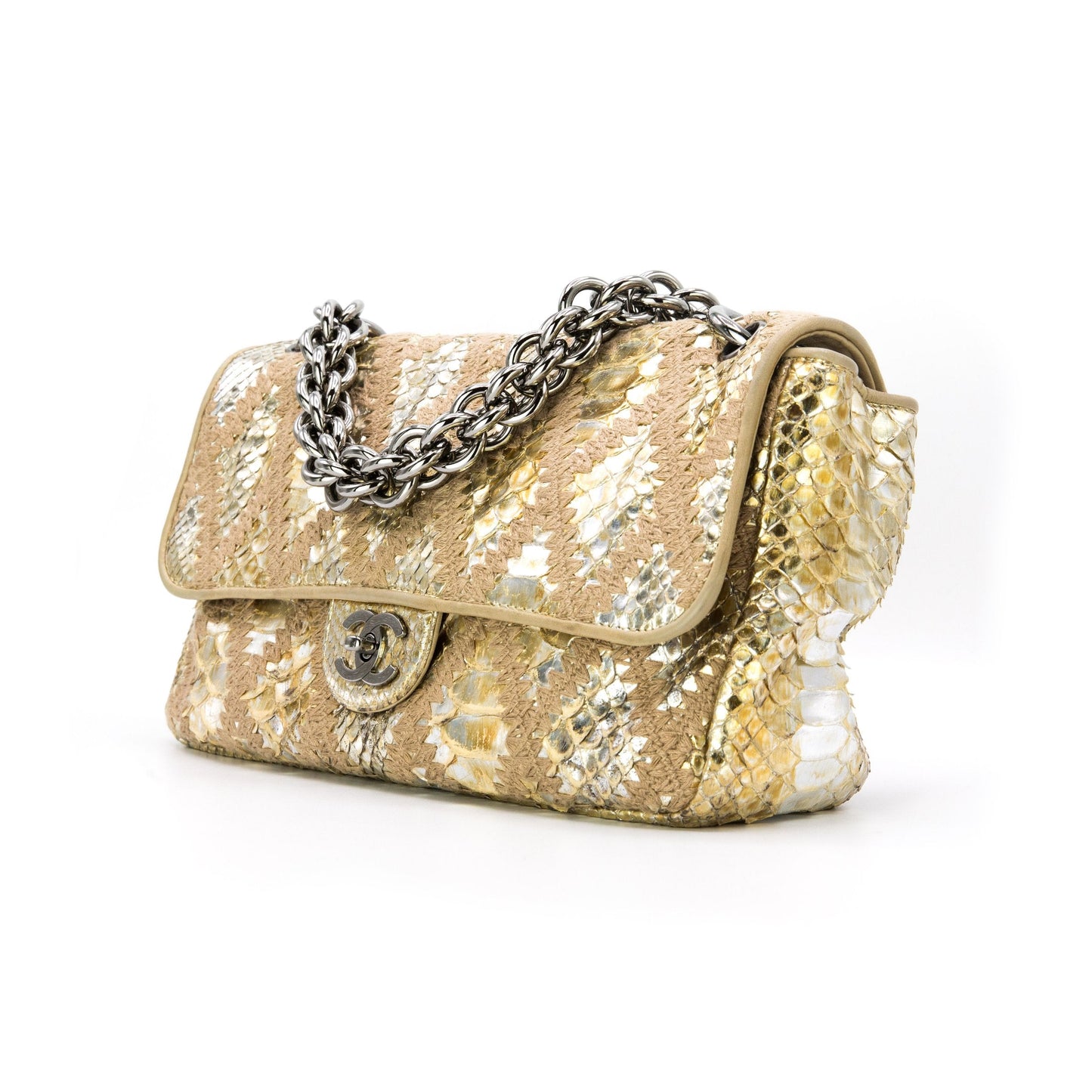 CHANEL METALLIC GOLD PYTHIN CROCHET FLAP BAG