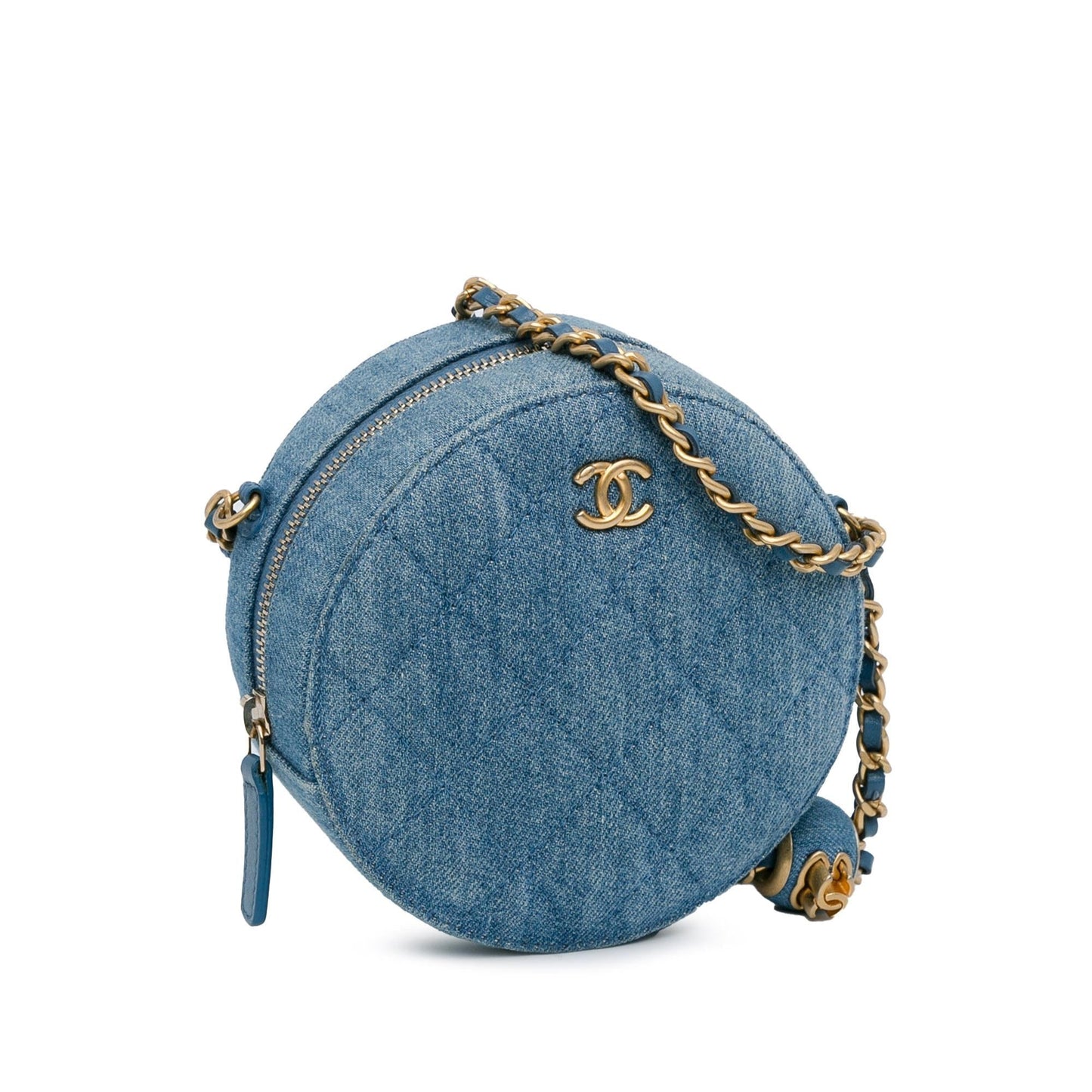 Chanel Quilted Denim Pearl Crush Round Clutch with Chain (SHG-HXkyLN)