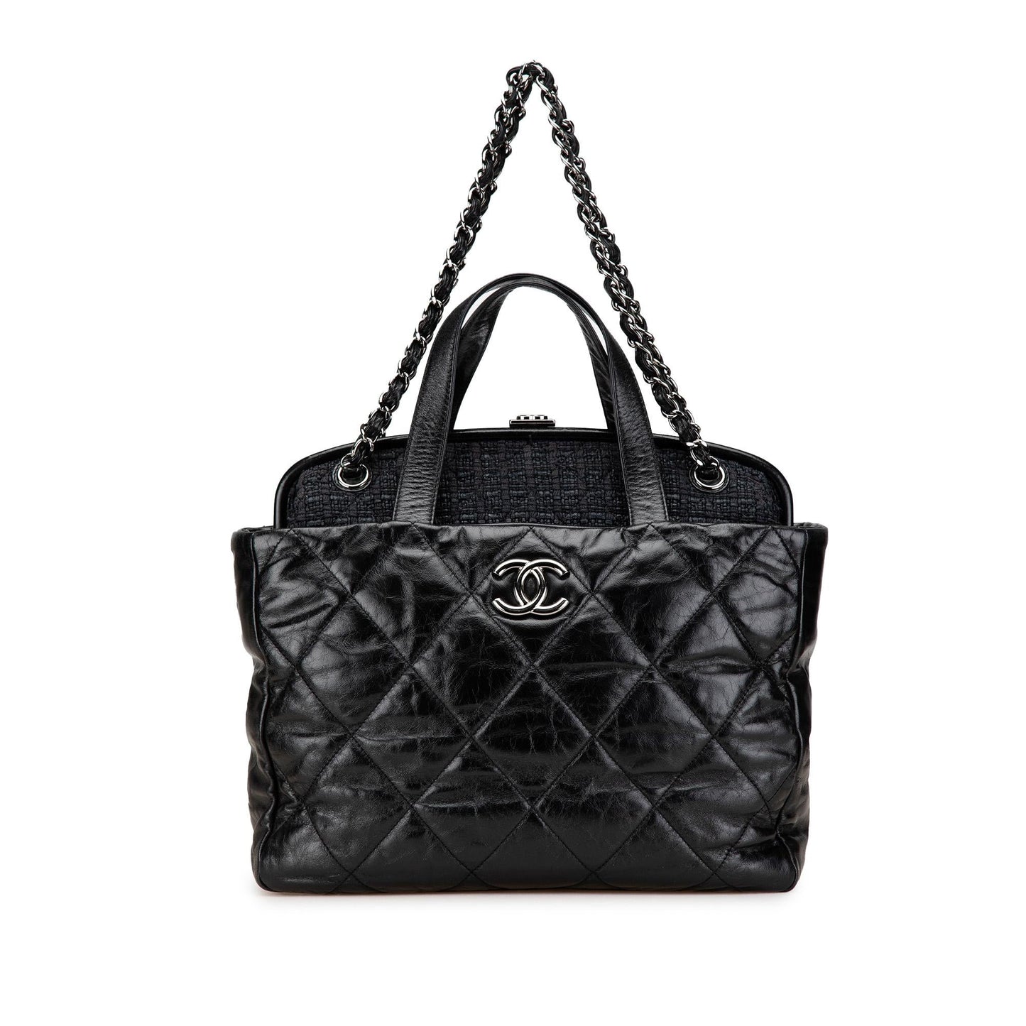 Chanel Quilted Glazed Calfskin and Tweed Portobello Frame Satchel Handbag