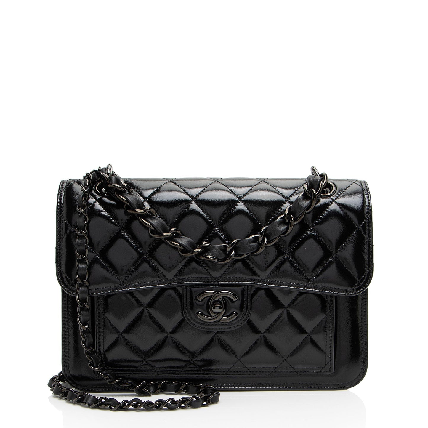 Chanel Shiny Crumpled Calfskin So Black Double You Flap Bag