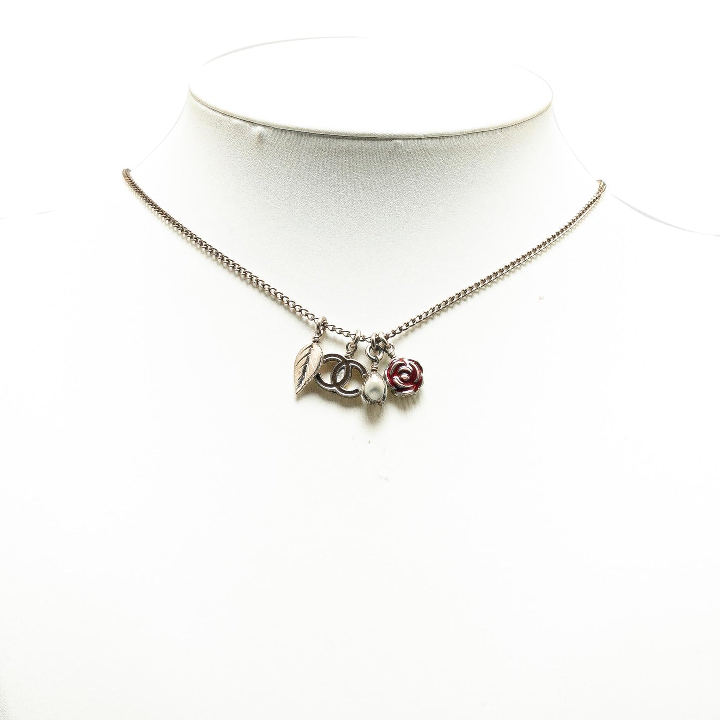 Chanel Silver Plated CC Camellia Charms Necklace