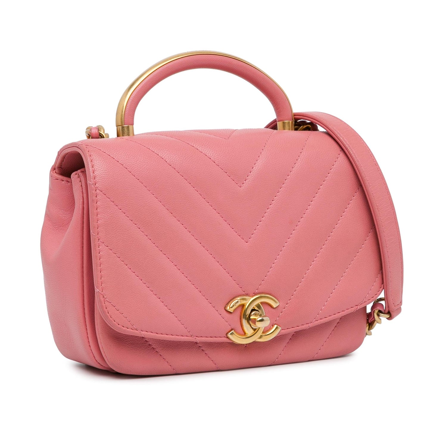 Chanel Small Chevron Lambskin Reversed Round Flap (SHG-tiKa51) Shoulder Bag