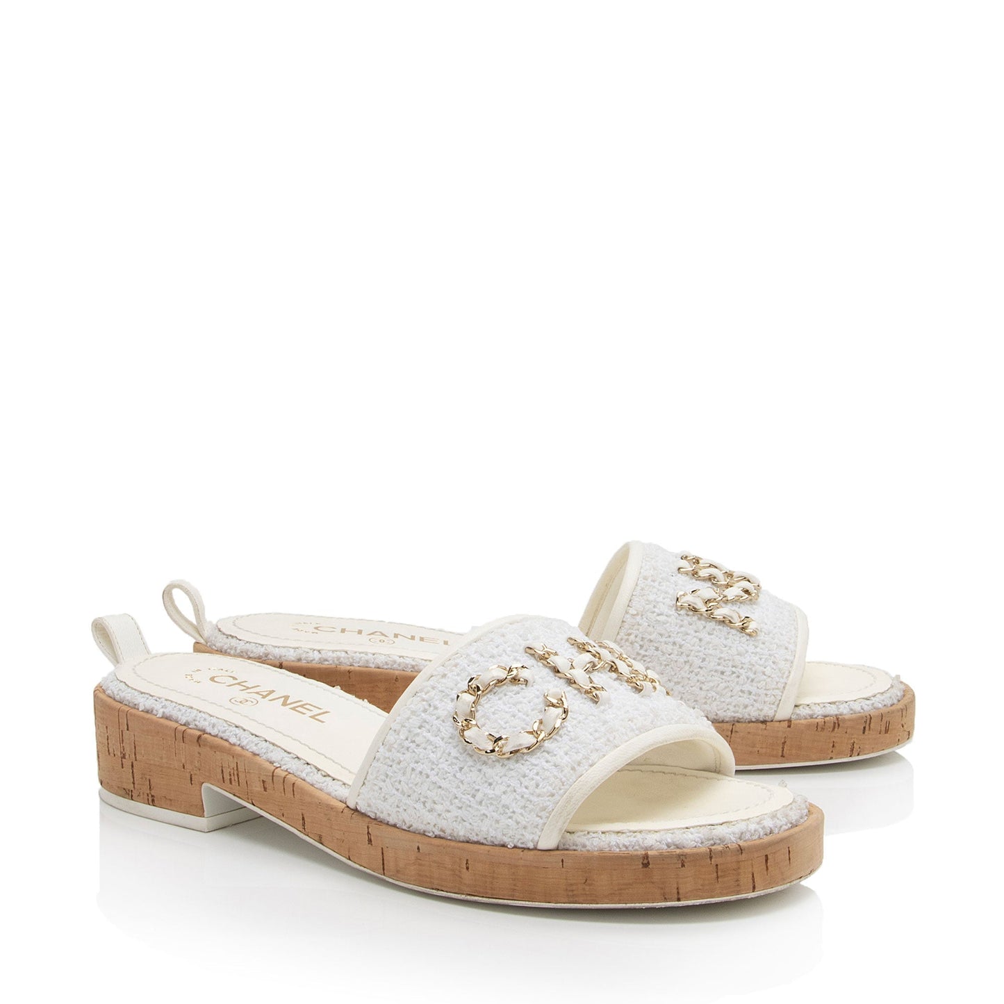 Chanel Tweed Cork CC Chain Slide Sandals - Size 9.5 / 39.5 (SHF-76Whqj)