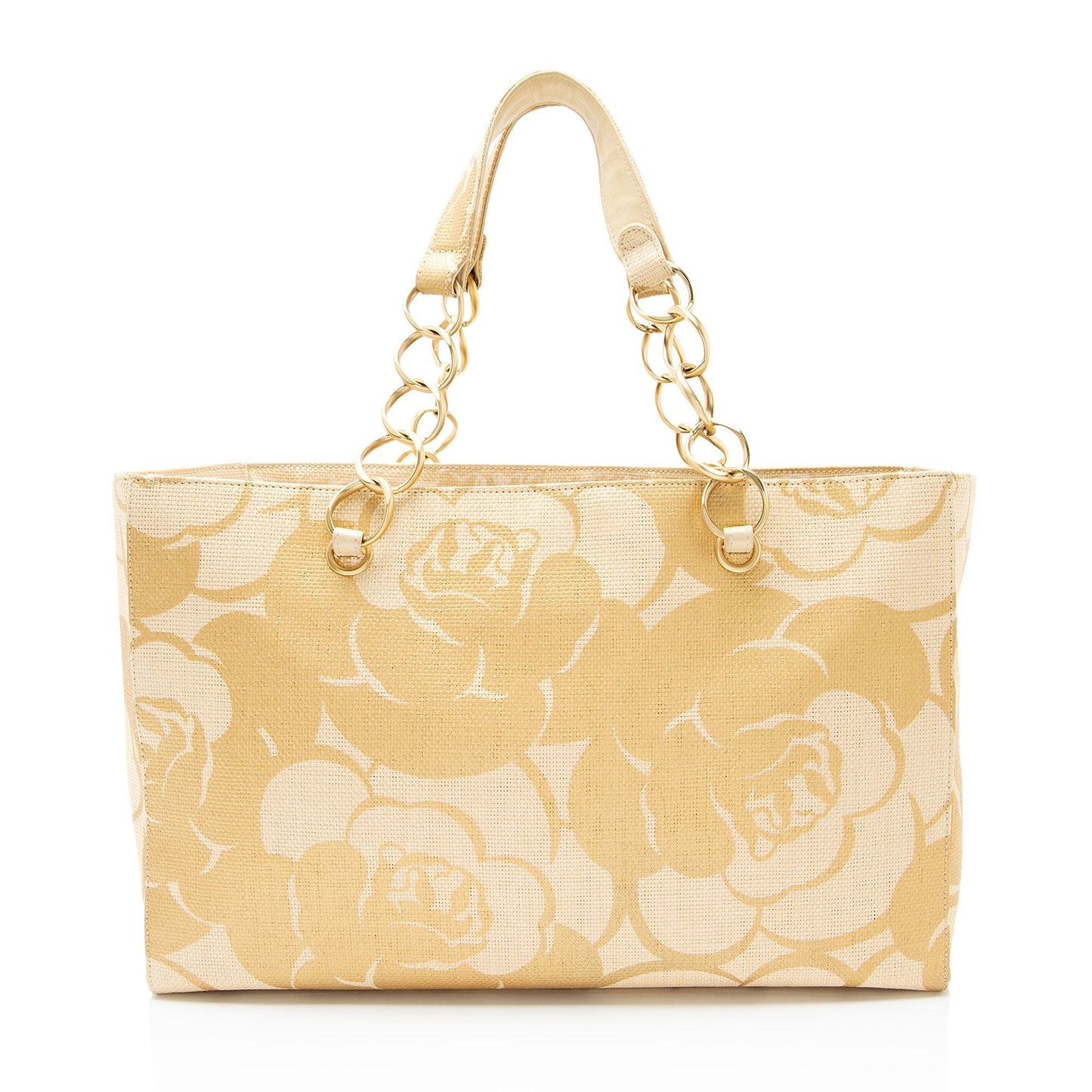 Chanel Vintage Raffia Camellia Print Chain Tote