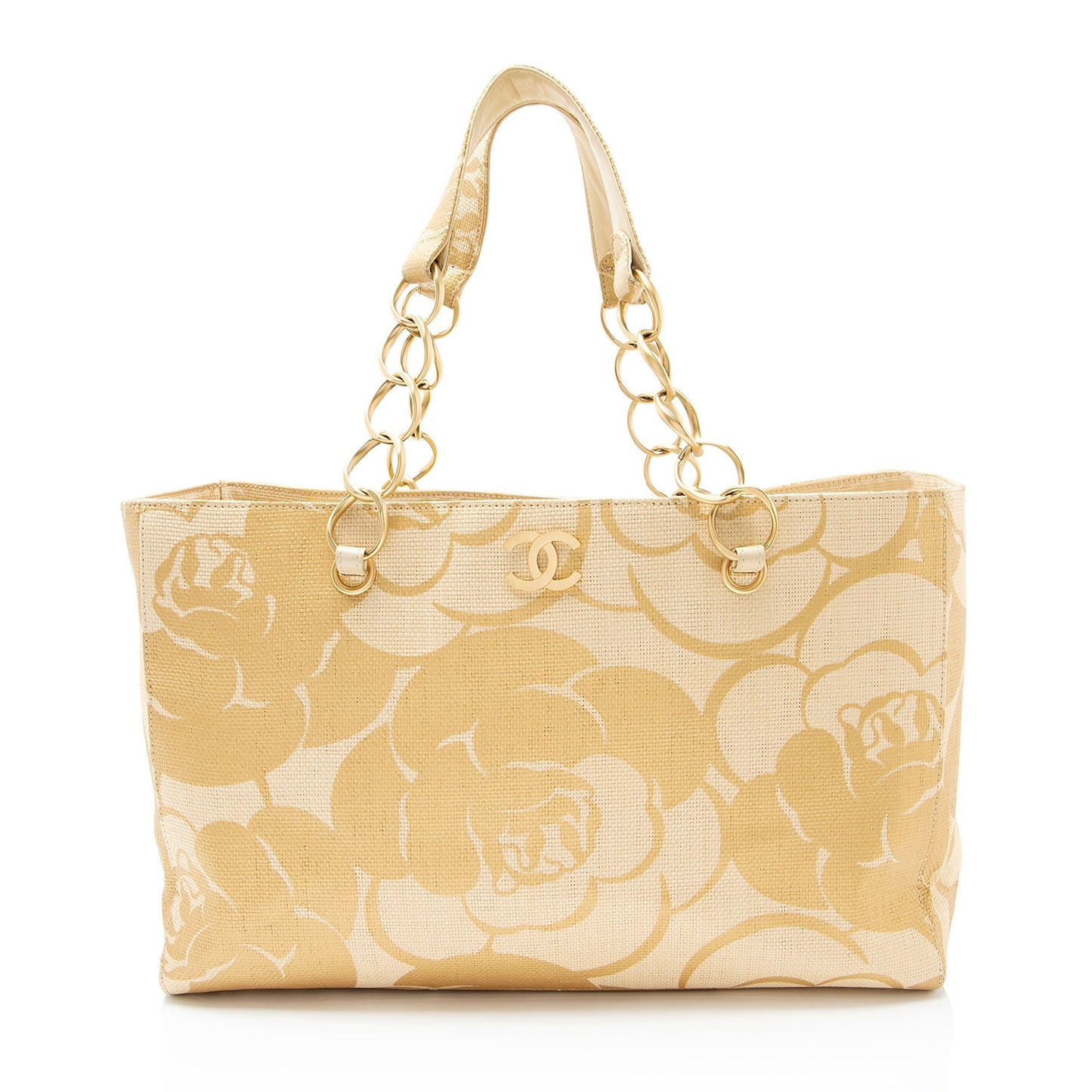 Chanel Vintage Raffia Camellia Print Chain Tote