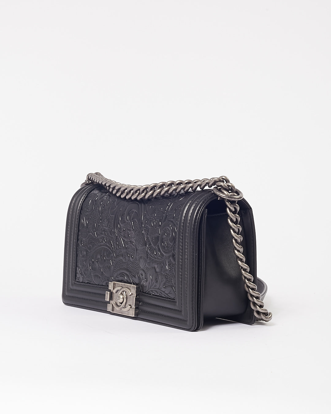 Chanel Black Lambskin Leather Jacquard Dallas Medium Boy Bag