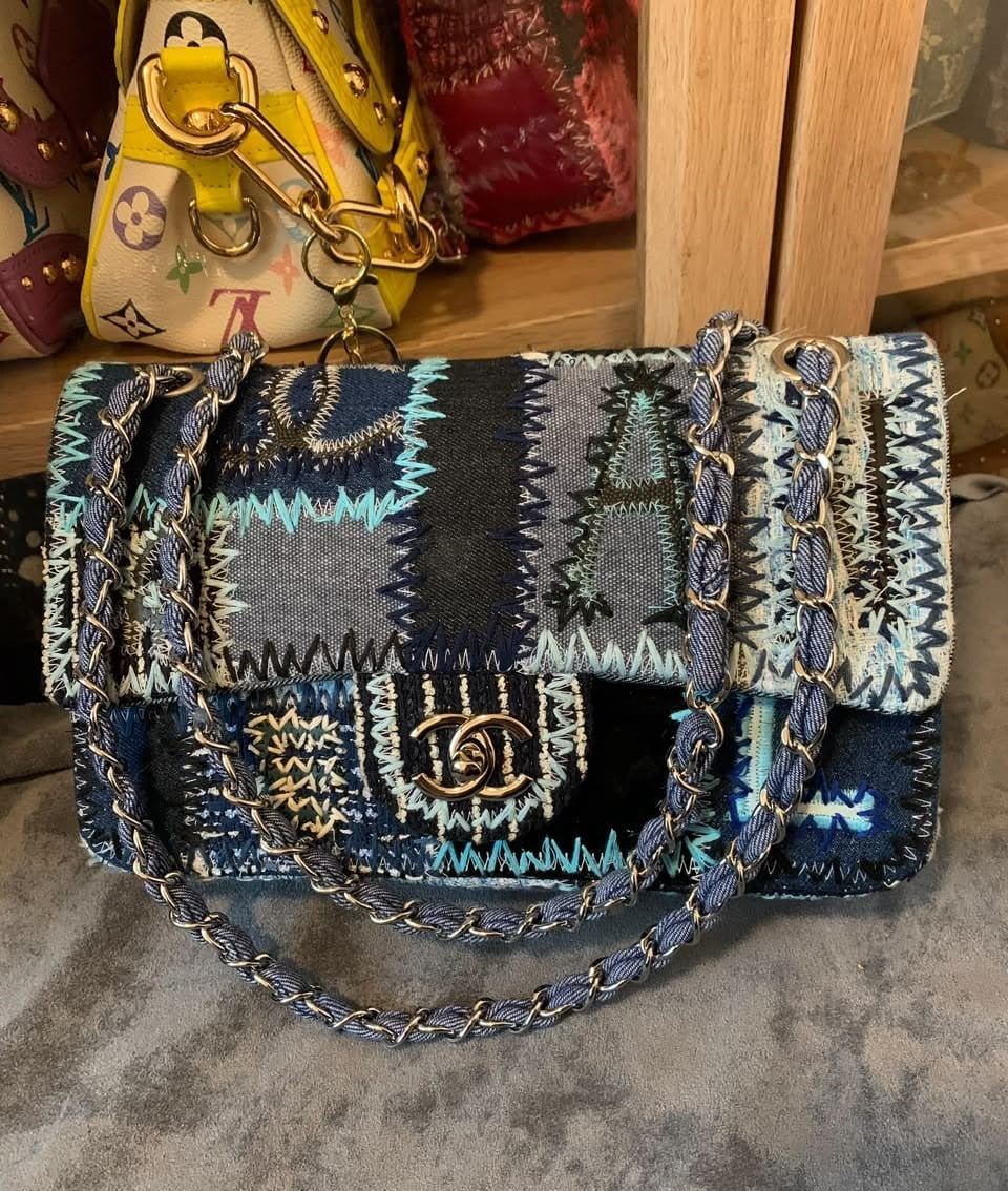 Chanel Classic Double Flap Patchwork Denim Shoulder Bag Blue