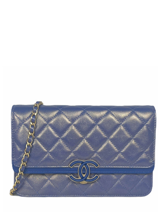 Chanel Iridescent Blue CC Quilted Wallet On Chain WOC Crossbody Bag
