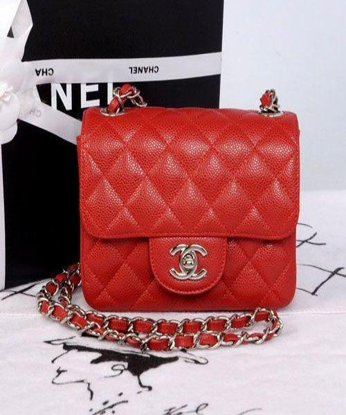 Chanel Classic Clutch With Chain  CWC Caviar Red Silver-Toned