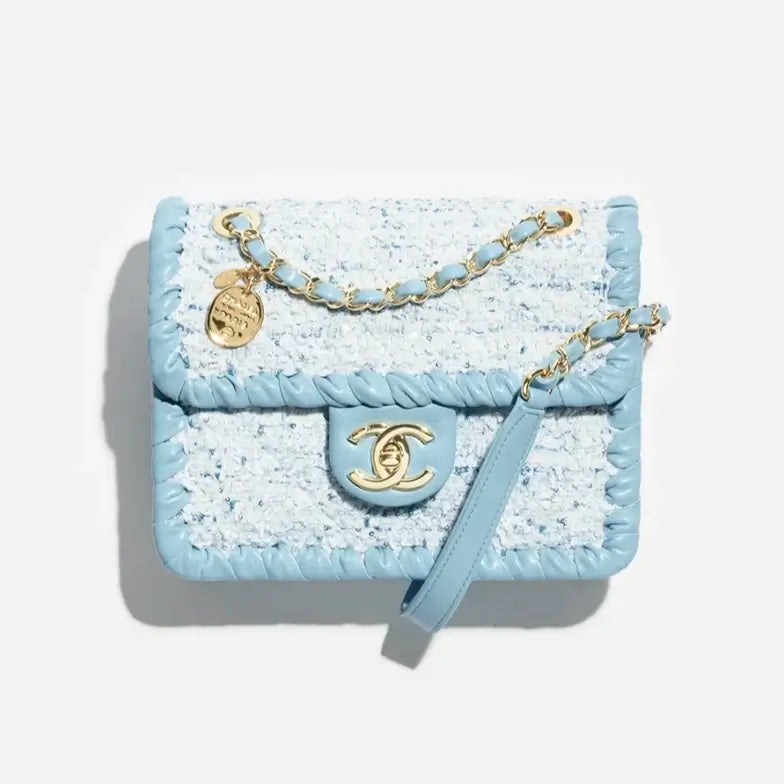 Chanel Mini Flap Bag Tweed & Braided Calfskin Leather Light Blue