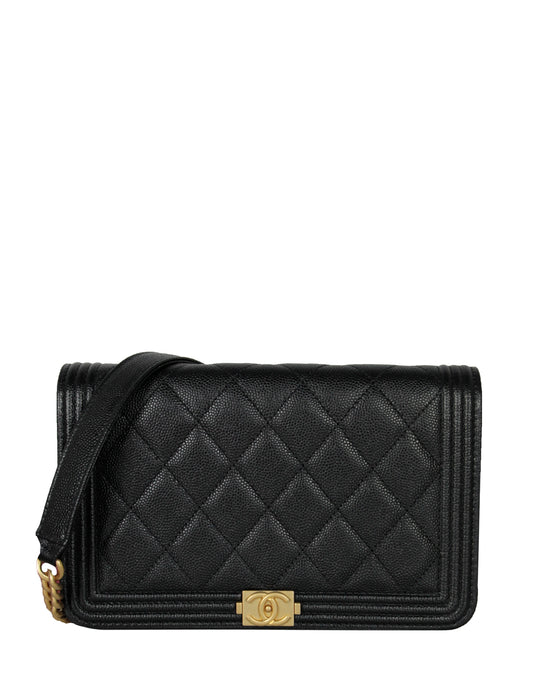 Chanel 2023 Black Caviar Boy Wallet on Chain WOC Crossbody Bag