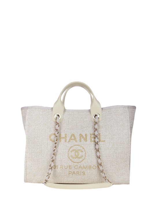 Chanel Ivory/ Gold Large Deauville Shopping Tote Bag