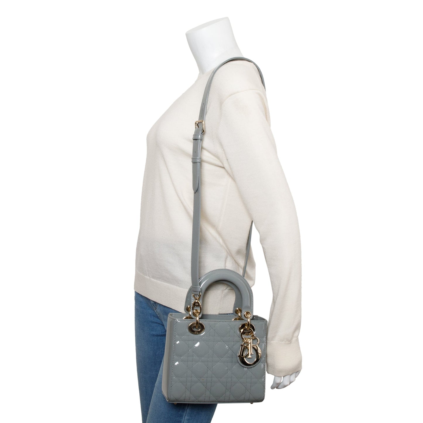 Christian Dior 2020 Grey Patent Cannage Leather Small Lady Dior Bag