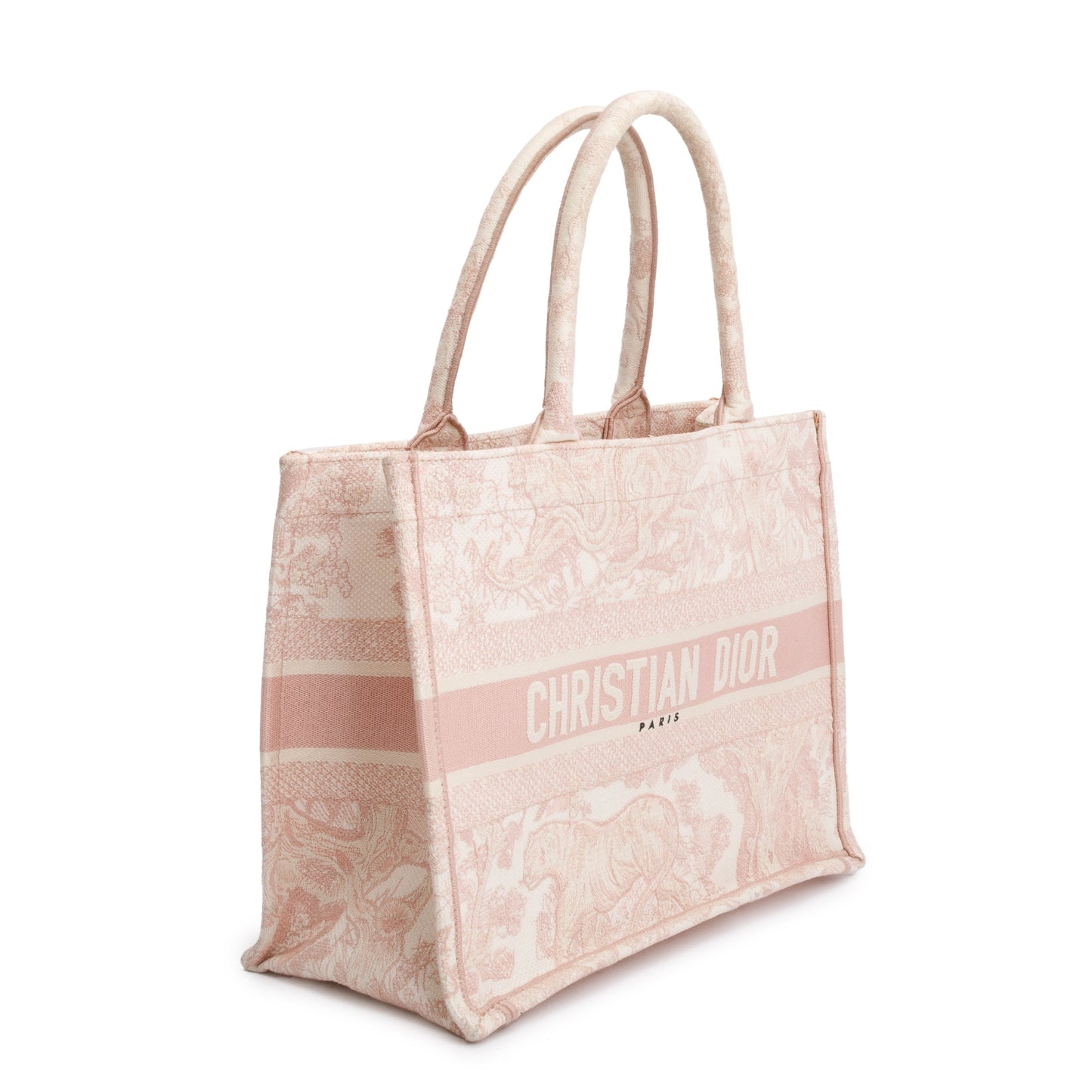 Christian Dior 2021 Ecru and Pink Toile De Jouy Embroidery Medium Book Tote