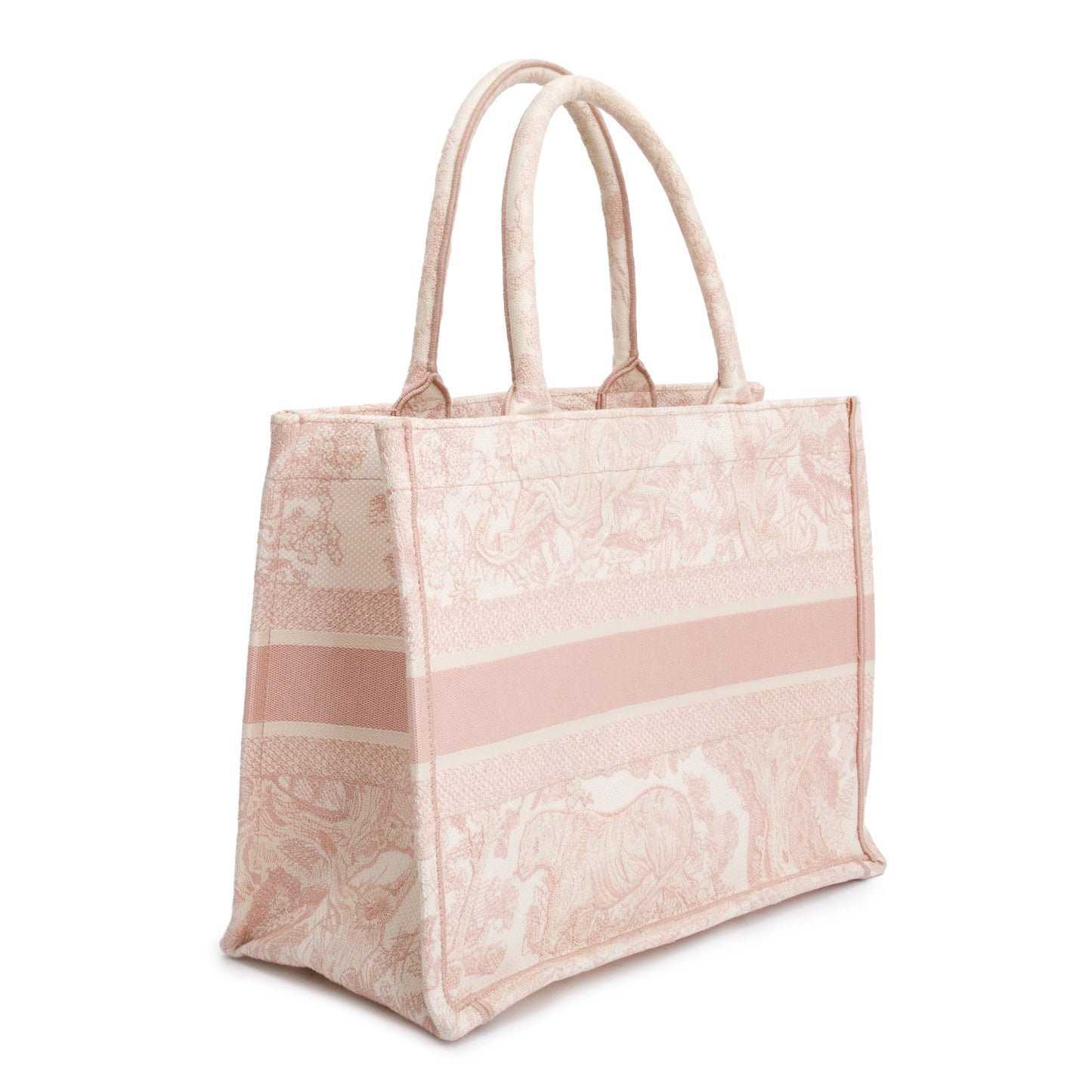 Christian Dior 2021 Ecru and Pink Toile De Jouy Embroidery Medium Book Tote