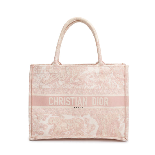 Christian Dior 2021 Ecru and Pink Toile De Jouy Embroidery Medium Book Tote