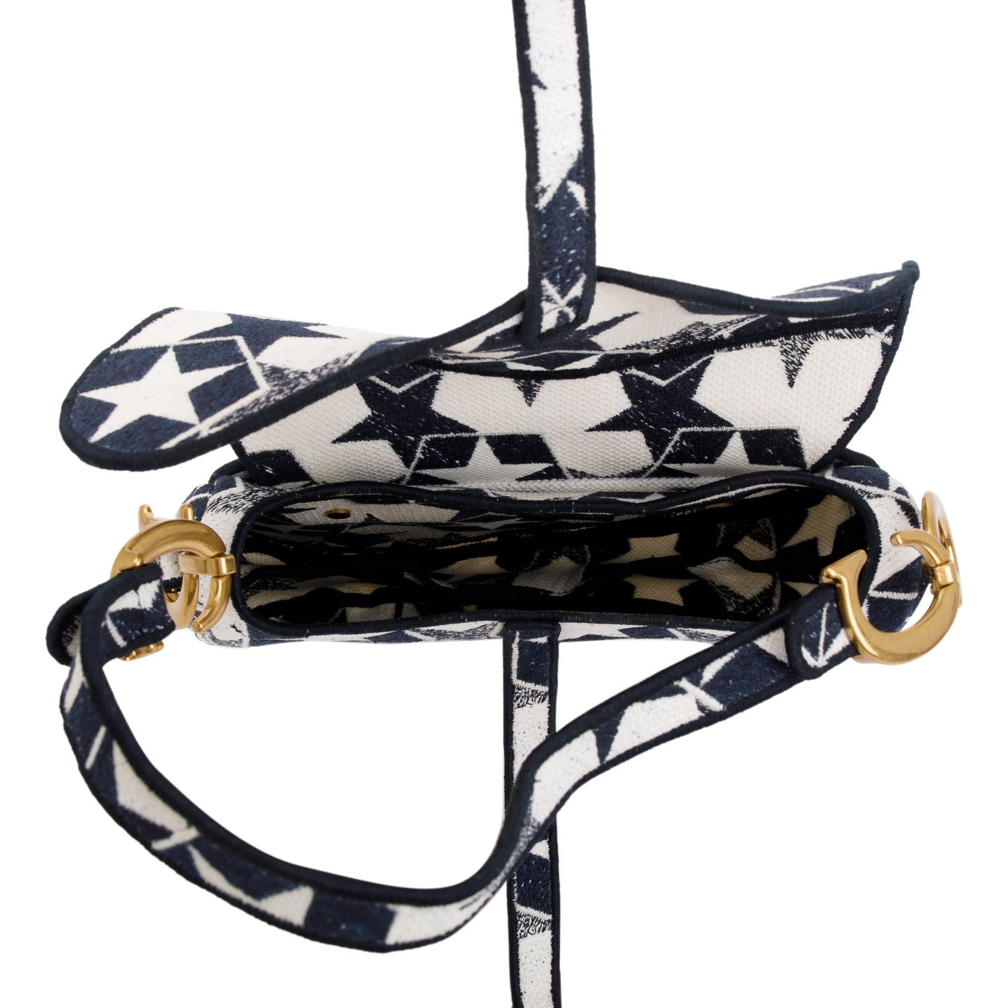 Christian Dior 2021 Navy & White Stars Embroidered Medium Saddle Bag