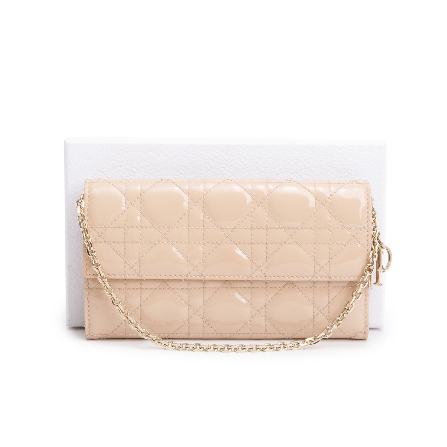 Christian Dior Beige Cannage Patent Leather Lady Dior  Rendezvous Chain Wallet