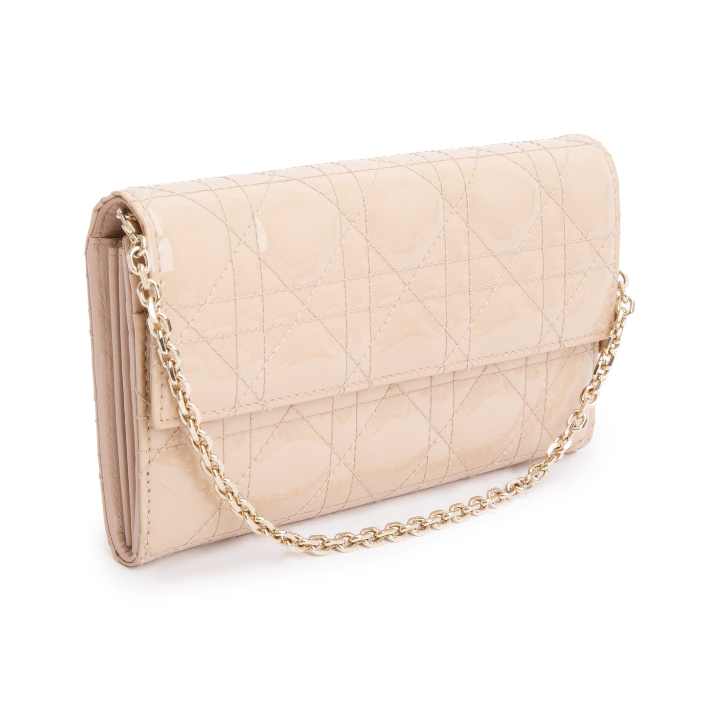 Christian Dior Beige Cannage Patent Leather Lady Dior  Rendezvous Chain Wallet