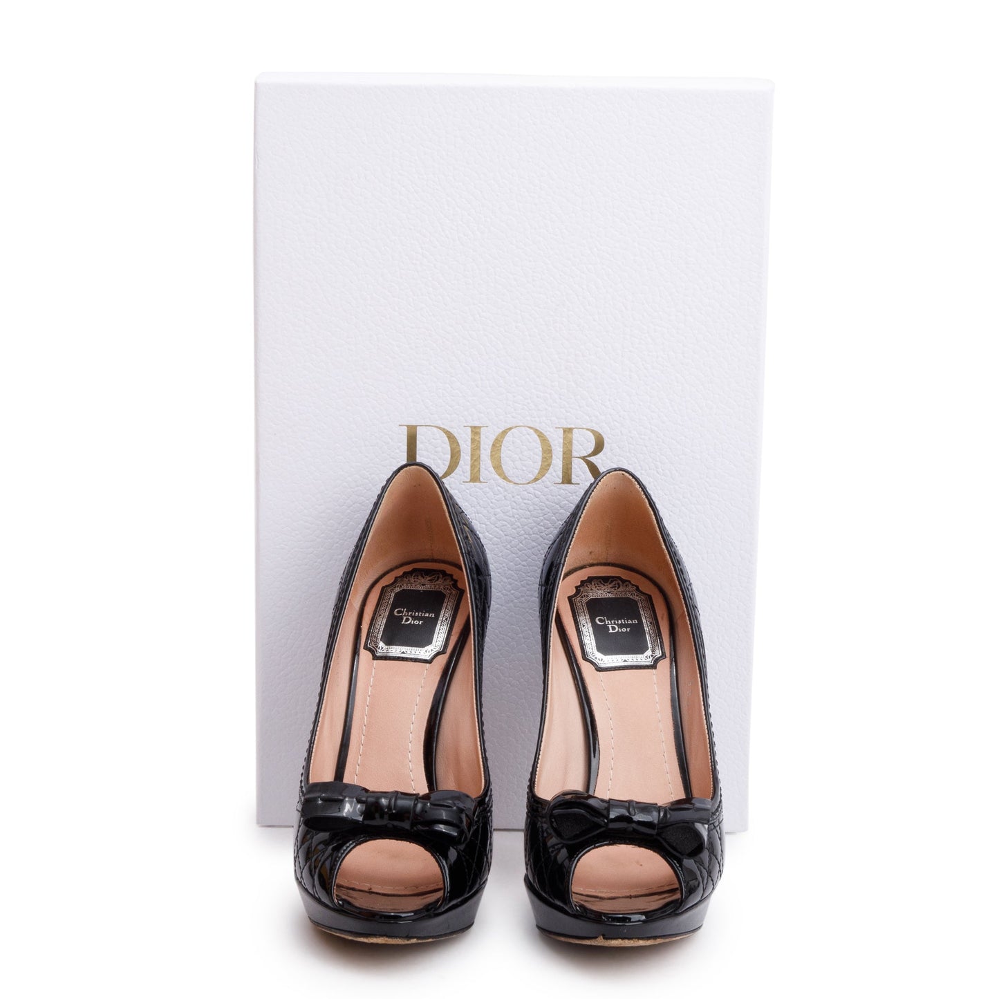 Christian Dior Black Cannage Patent Leather Bow Peep Toe Pumps, Size 35.5