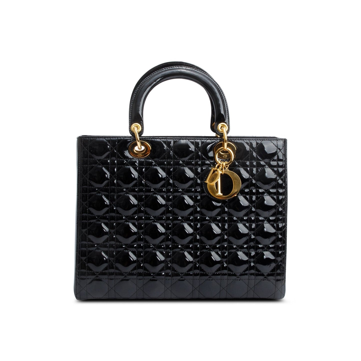 Christian Dior Black Cannage Patent Leather Large Lady Dior Bag