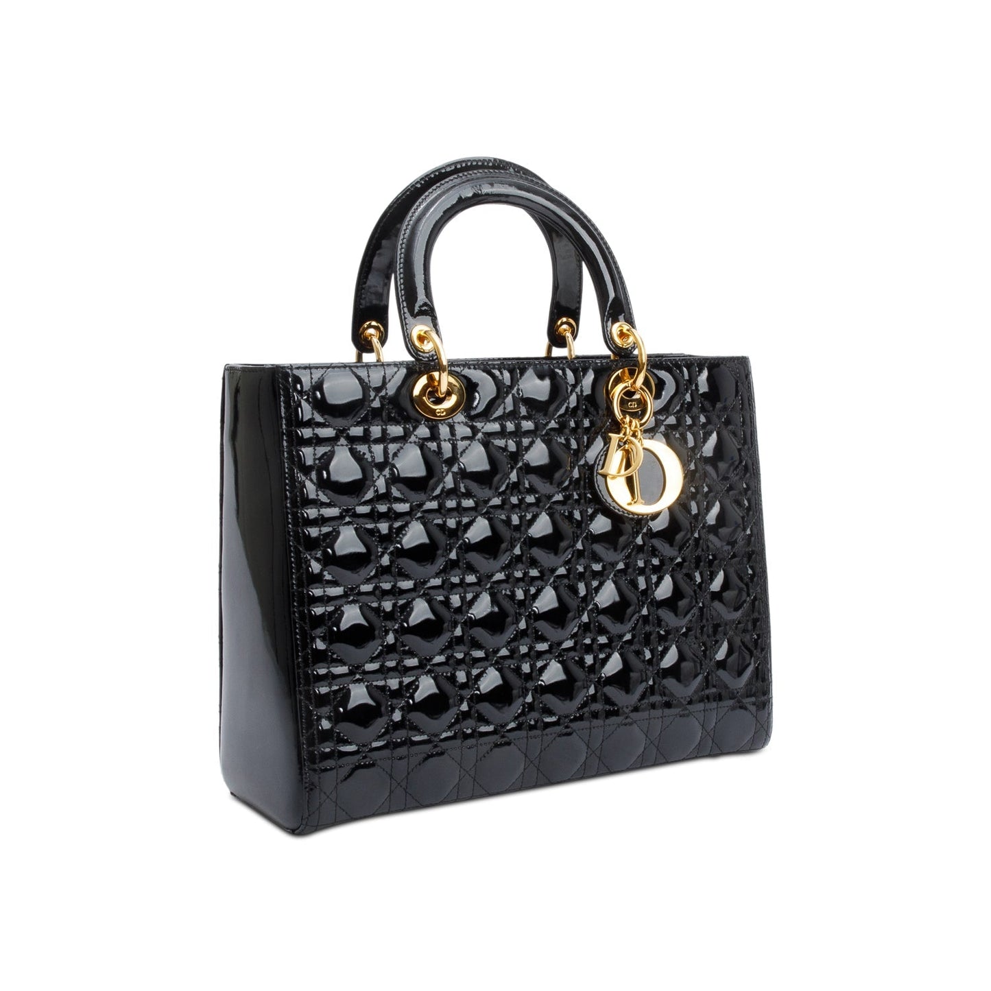 Christian Dior Black Cannage Patent Leather Large Lady Dior Bag