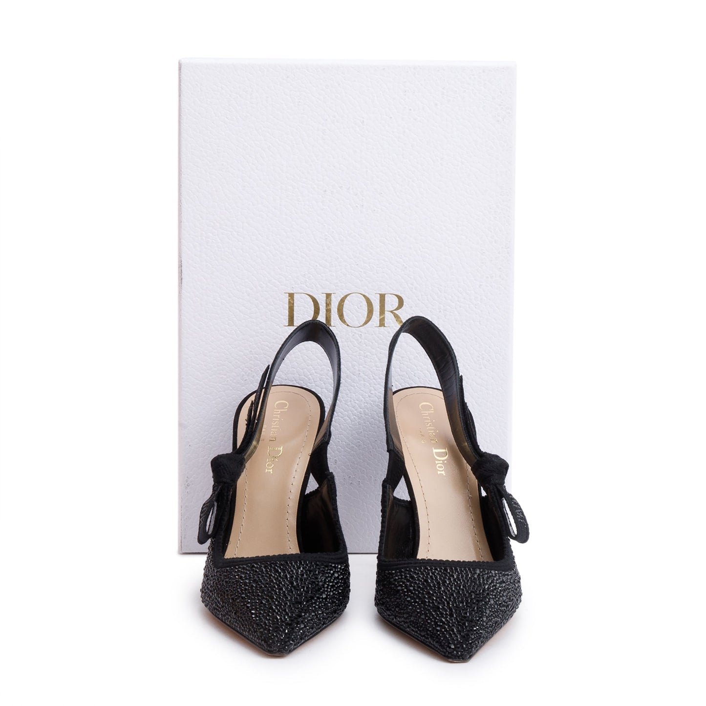 Christian Dior Black Leather Crystal Embellished J'Adior Slingback Pumps, Size 38