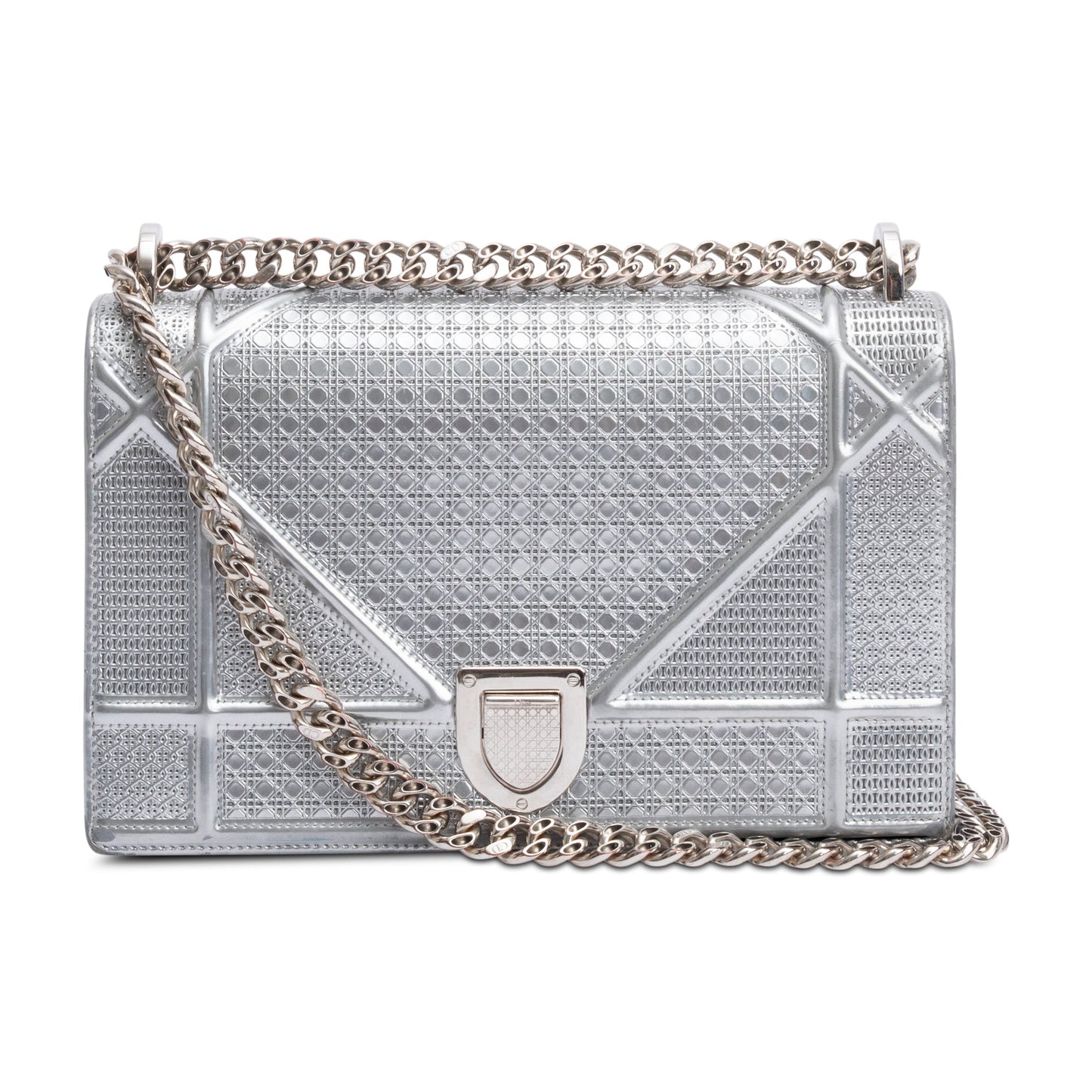 Christian Dior Large Silver Metallic Microcannage Diorama Shoulder Bag