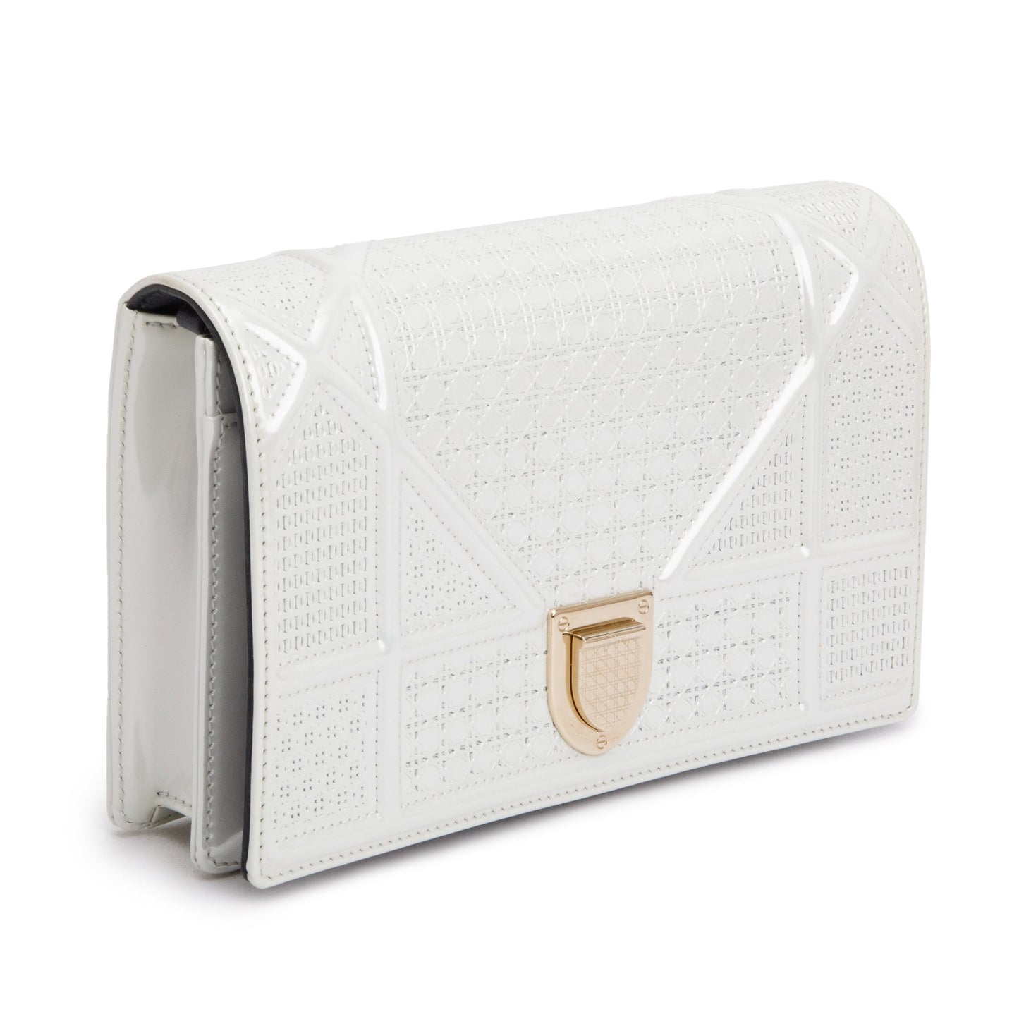 Christian Dior Metallic White Microcannage Patent Leather Diorama Wallet on Chain