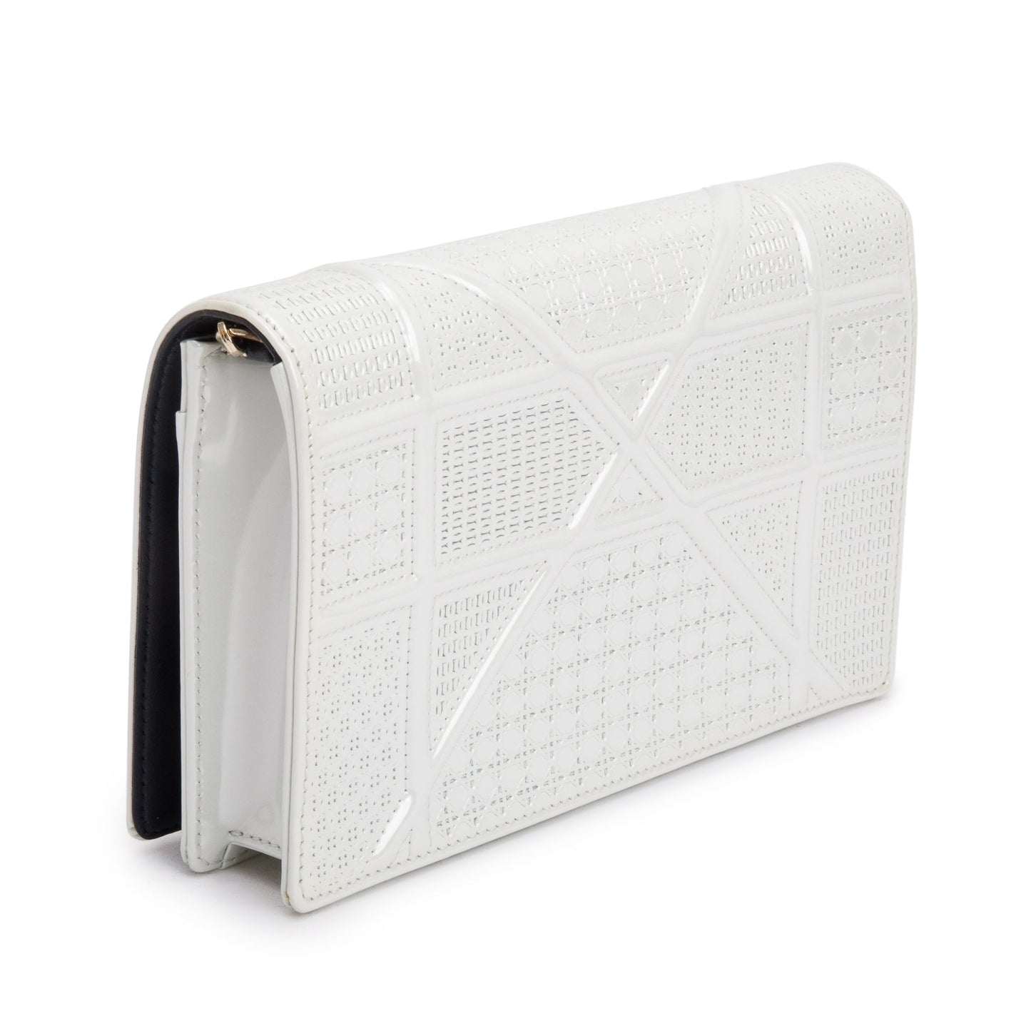Christian Dior Metallic White Microcannage Patent Leather Diorama Wallet on Chain