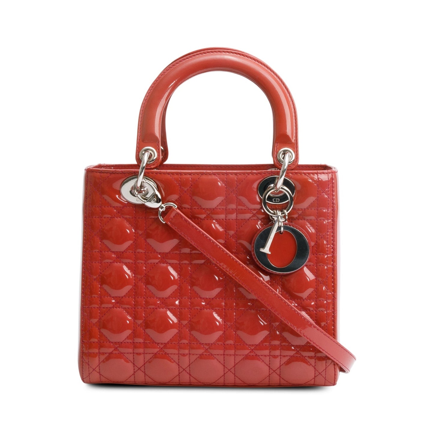 Christian Dior Red Cannage Patent Leather Small Lady Dior Bag