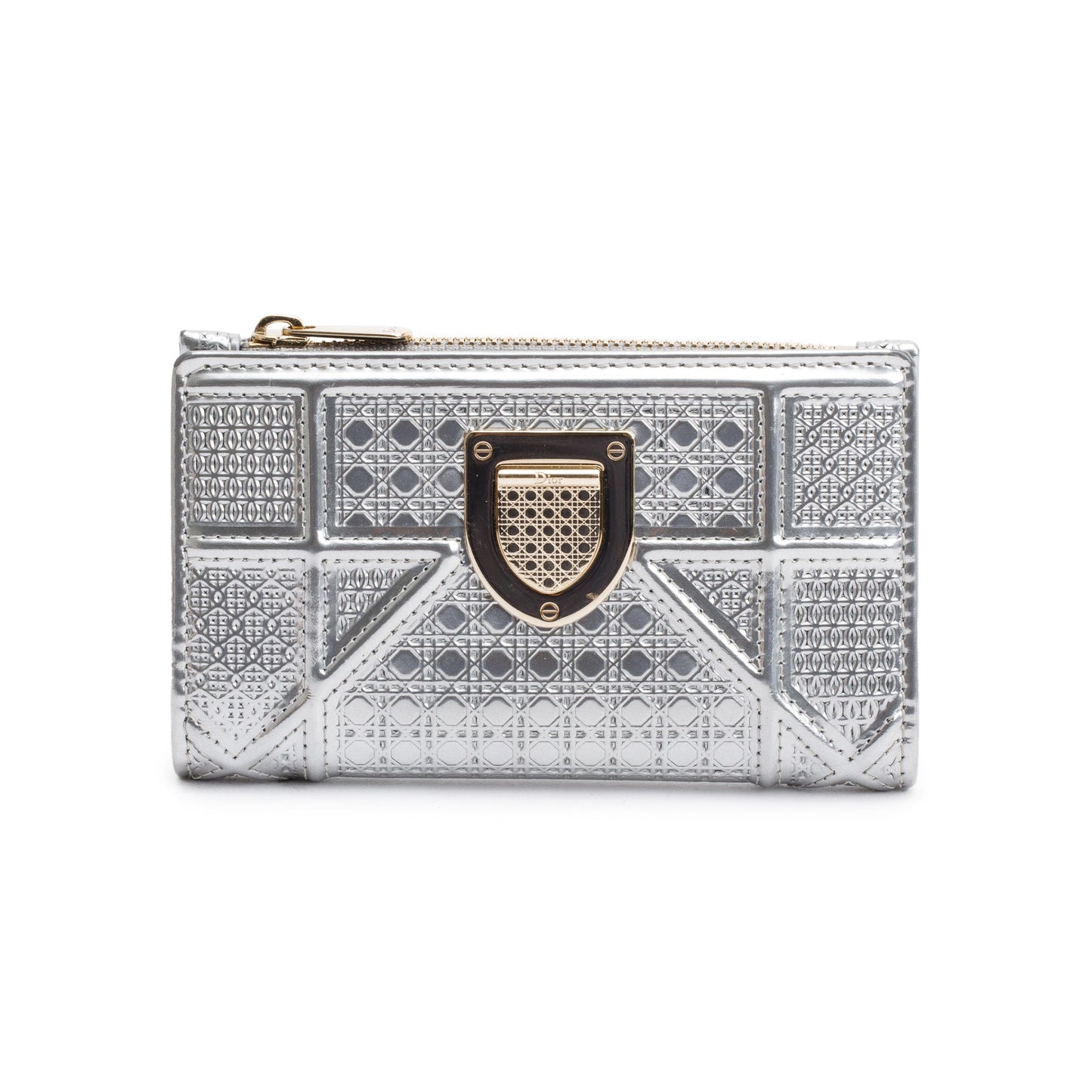 Christian Dior Silver Metallic Patent Leather Diorama Compact Wallet