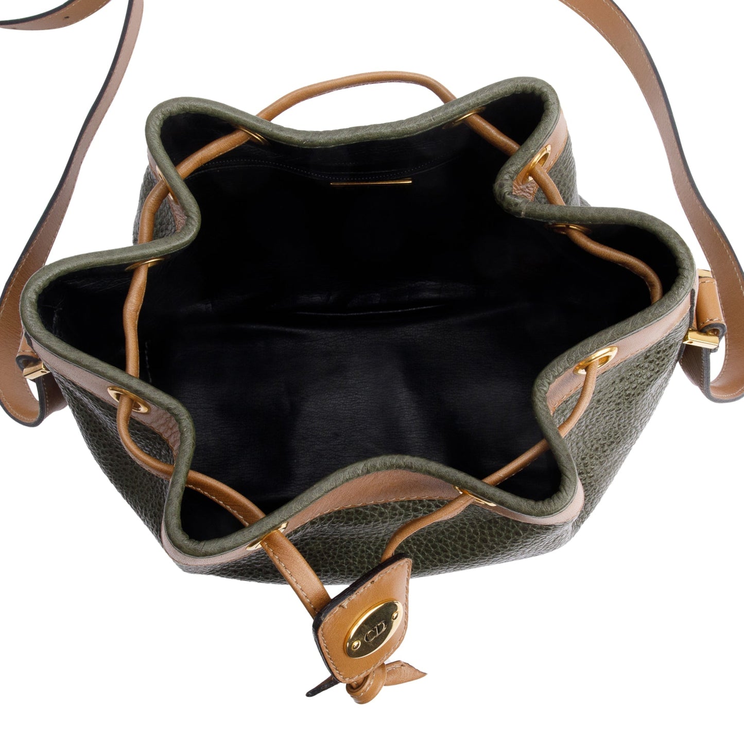 Christian Dior Vintage Olive Green/Tan leather Drawstring Bag