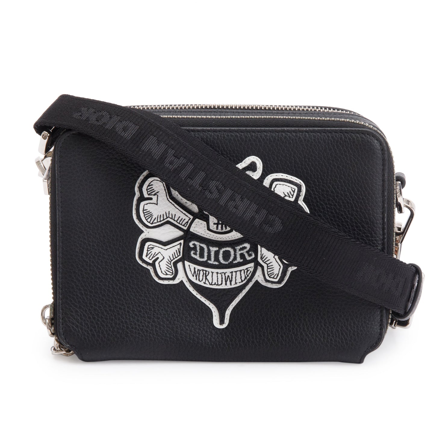 Christian Dior x Shawn Stussy Black Calfskin Leather Double Zip Crossbody Bag