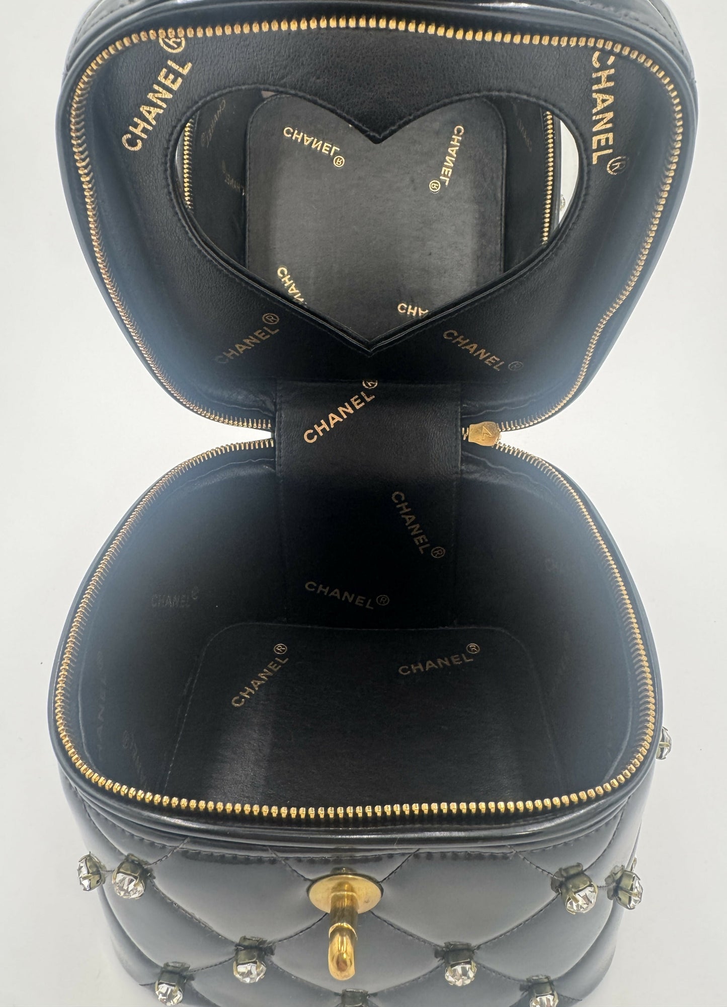 Chanel 1995  Barbie Black Rhinestone Heart-Mirror Vanity Case Bag
