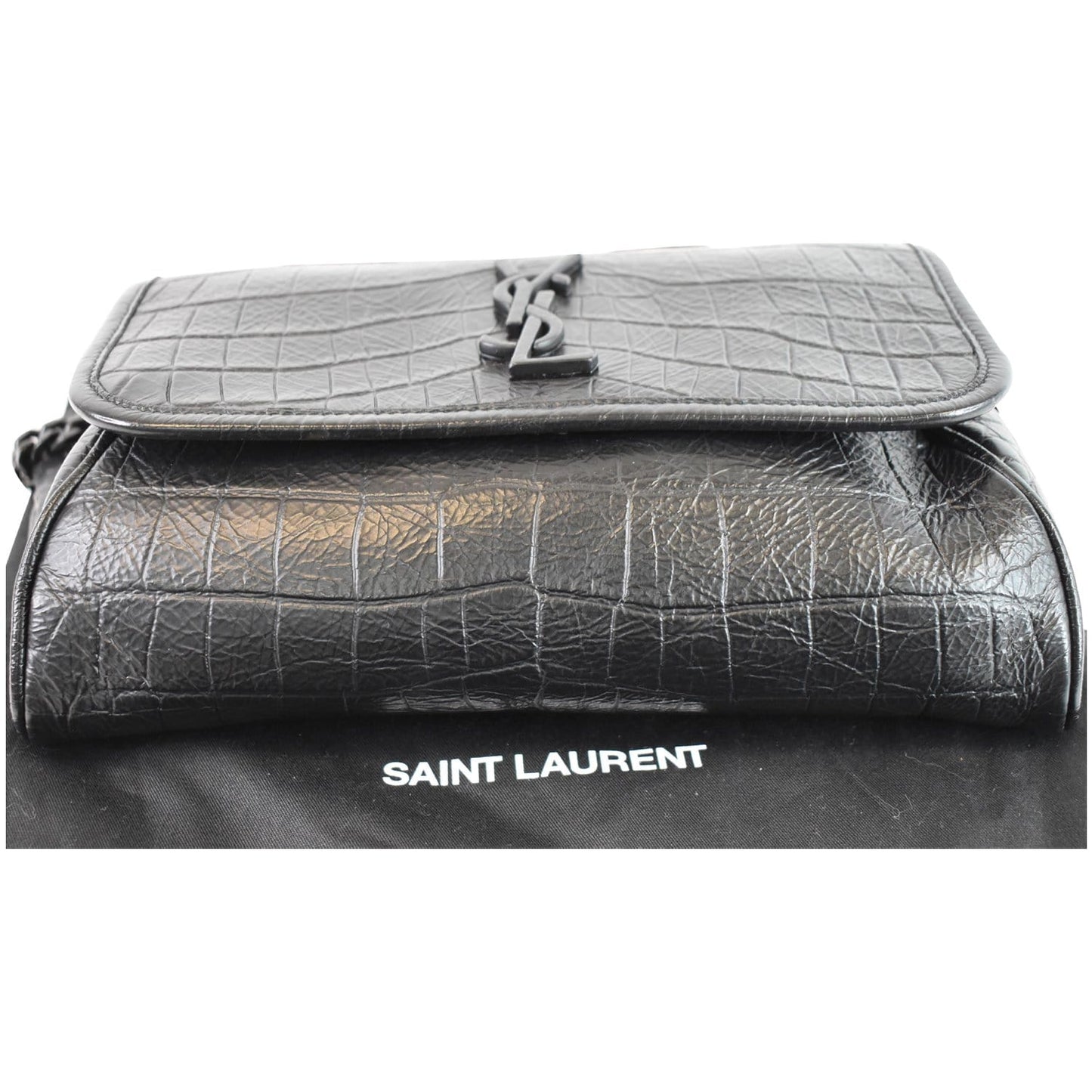 YVES SAINT LAURENT Niki Croc Embossed Leather Shoulder Bag Black