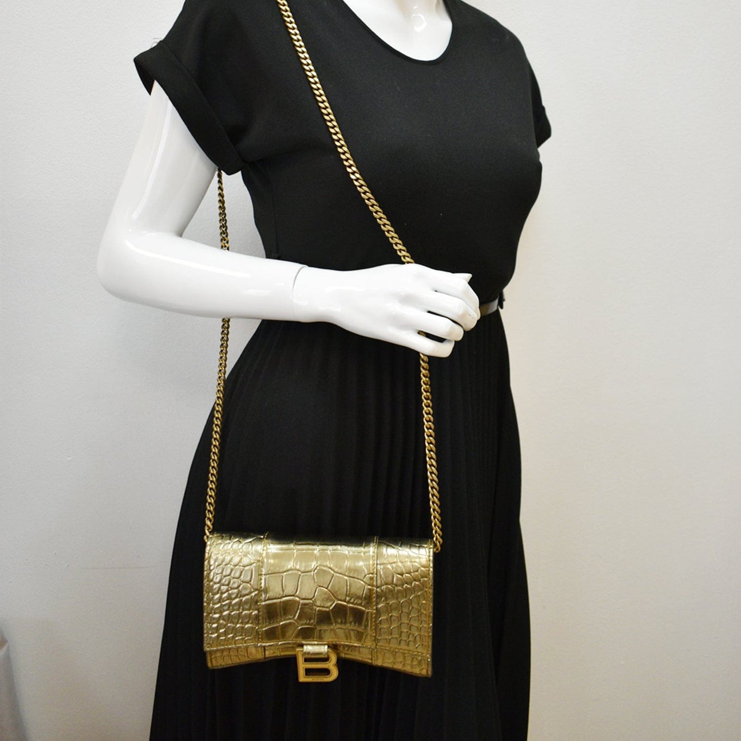 BALENCIAGA Hourglass Metallized Crocodile Embossed Wallet on Chain Crossbody Bag Gold