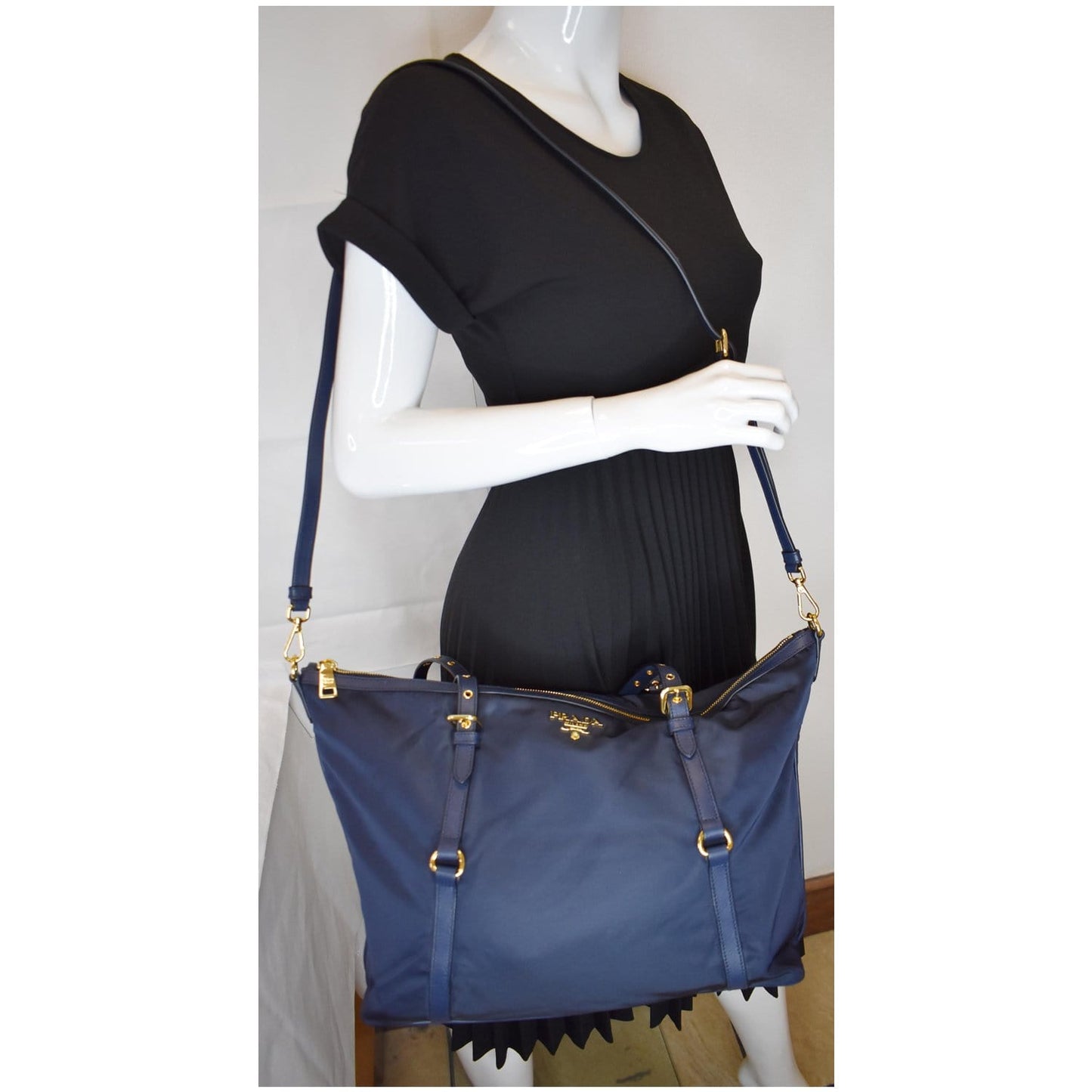 PRADA Tessuto Saffiano Nylon Tote Shoulder Bag Blue