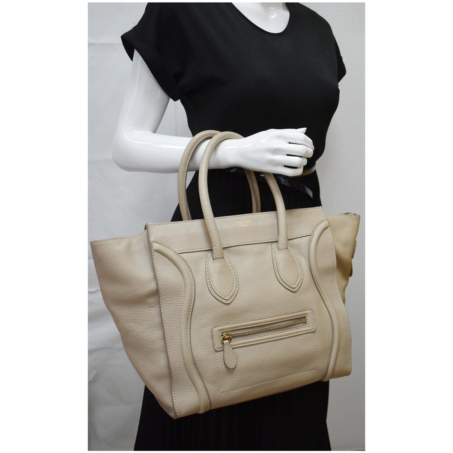 CELINE Drummed Mini Luggage Calfskin Leather Tote Bag Dune