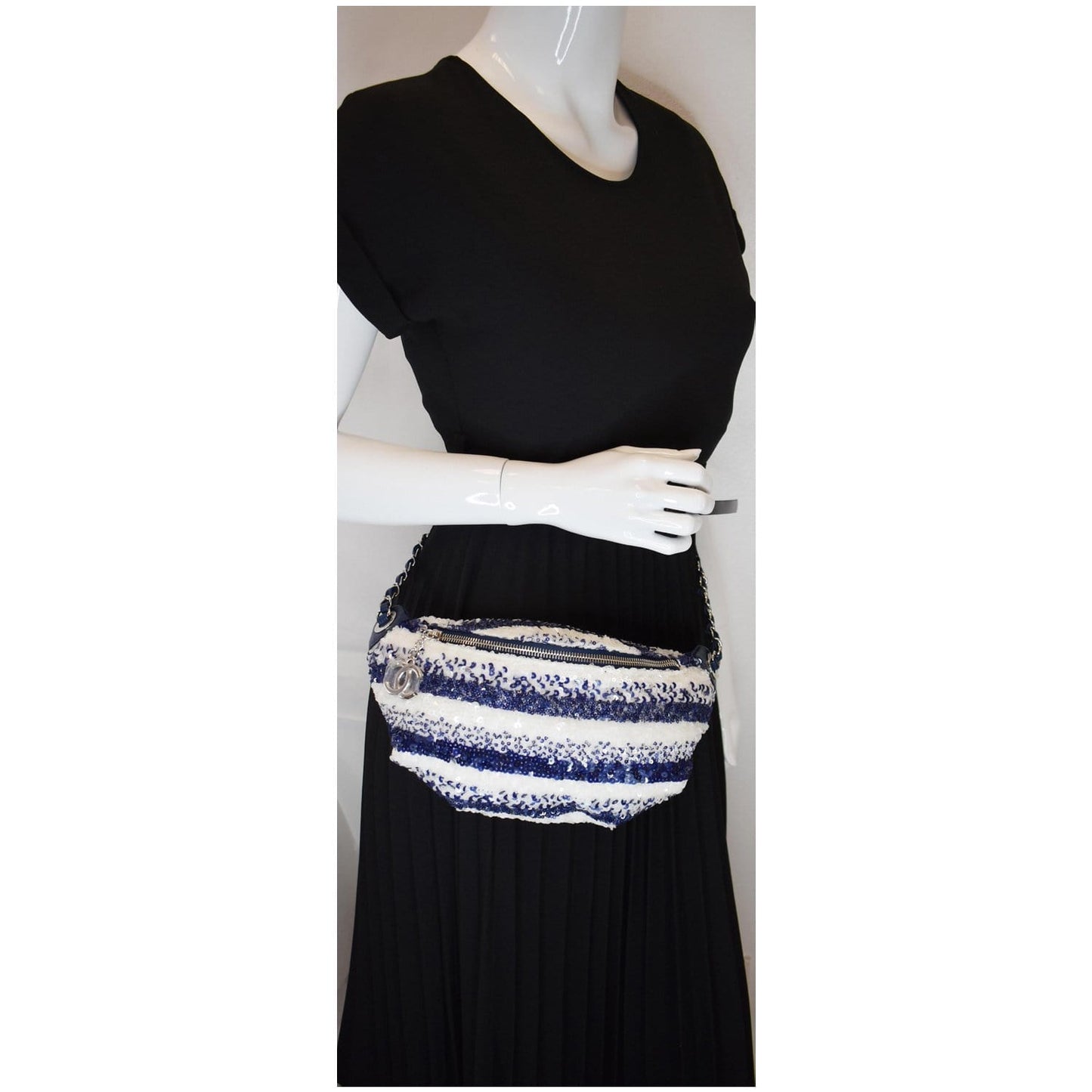 CHANEL Sequin Fanny Pack Leather Waist Bag Blue/White