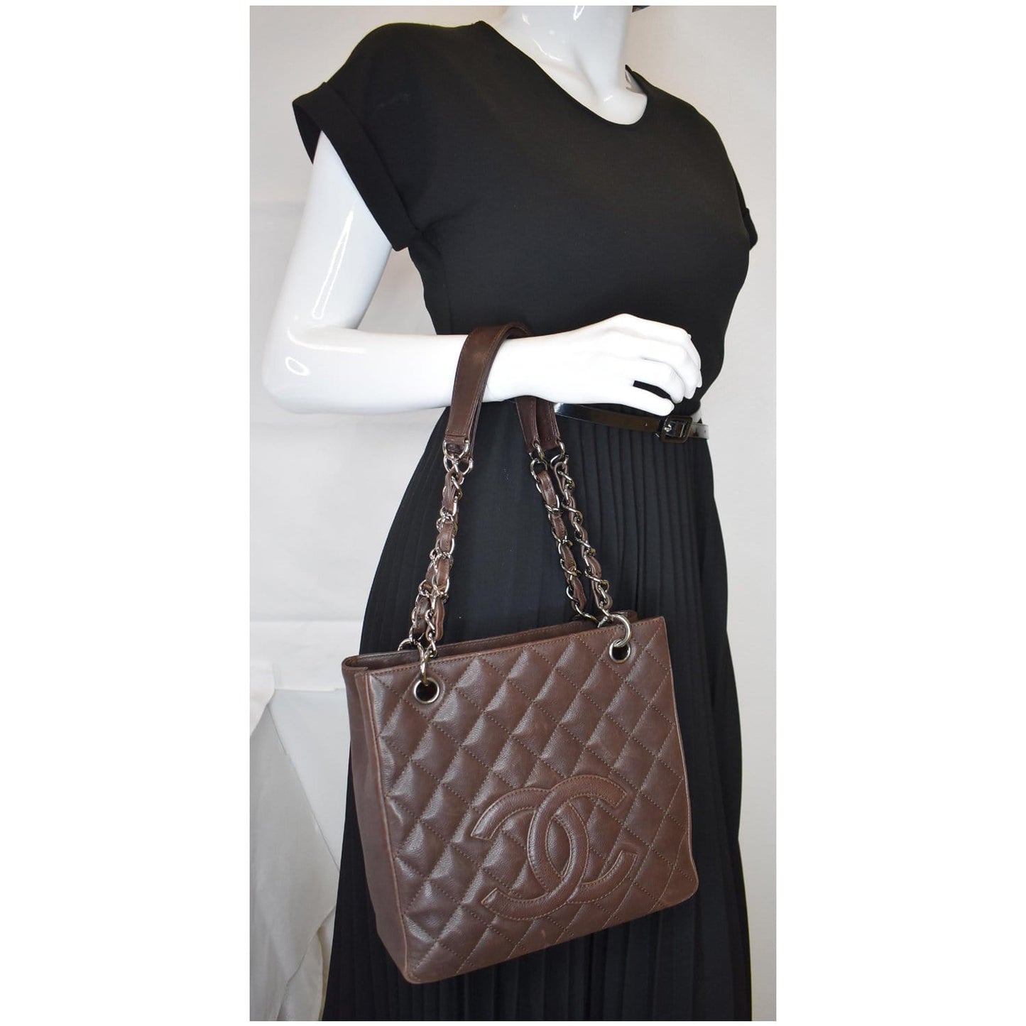 CHANEL PST Caviar Leather Petit Shopping Tote Bag Brown