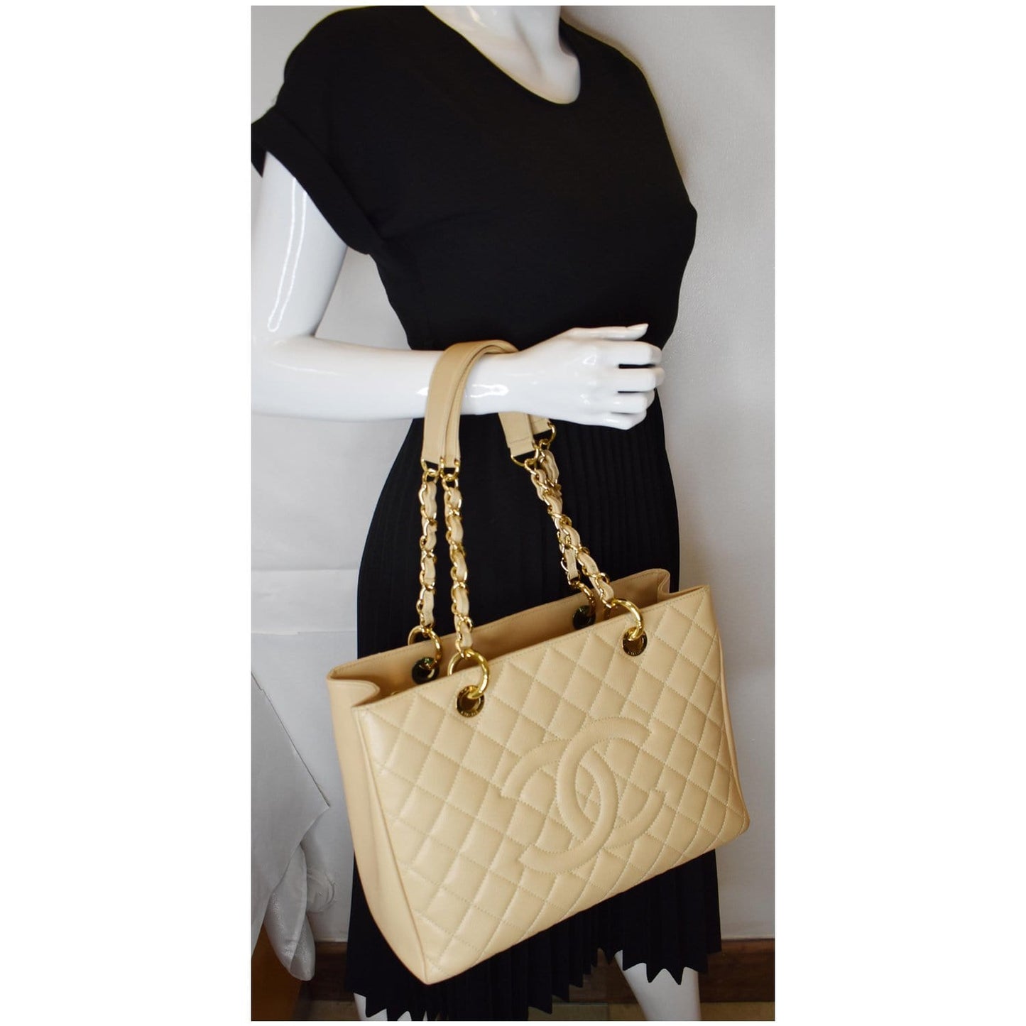 CHANEL Grand Shopping GST Caviar Leather Tote Bag Beige